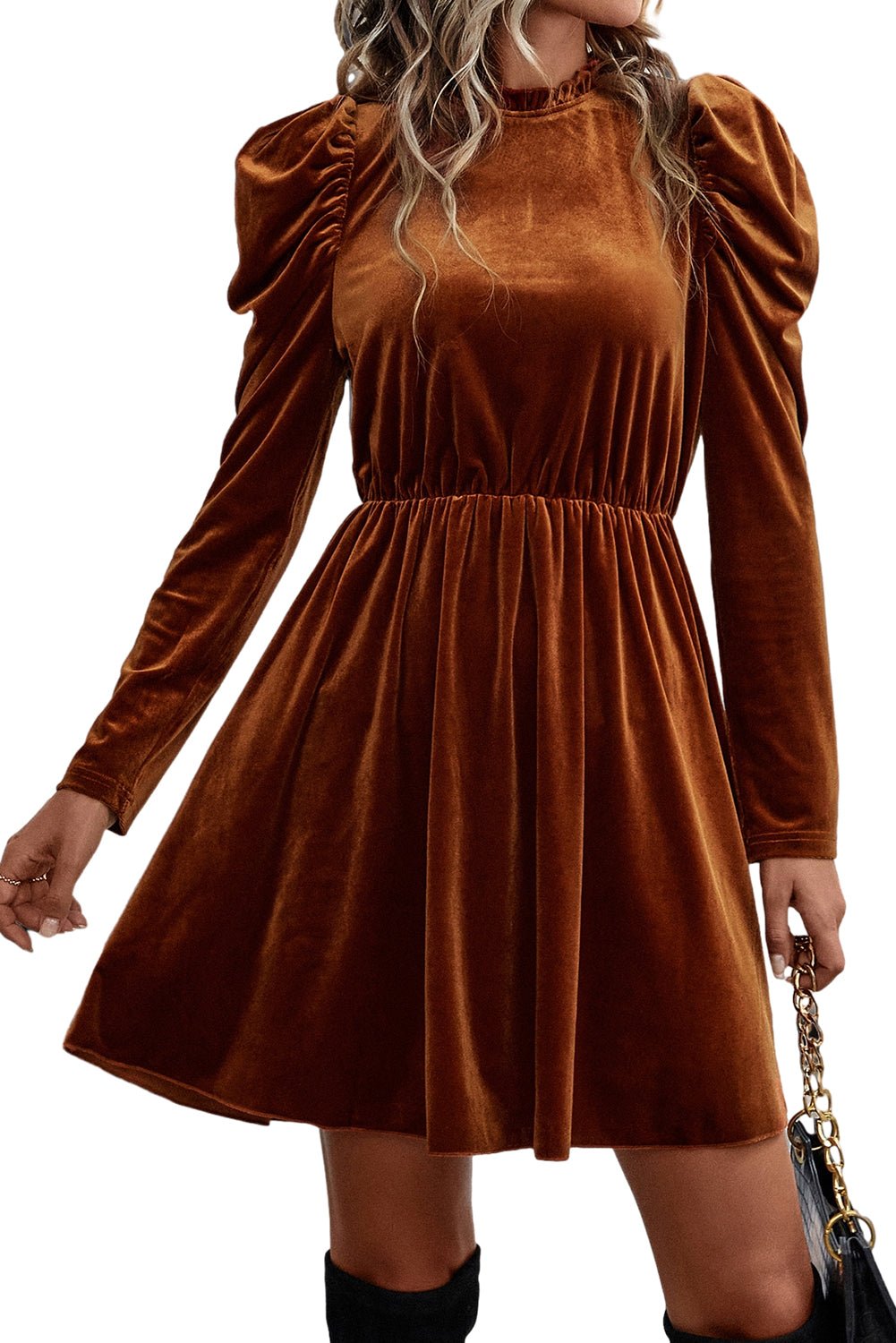 Chestnut Velvet Frilled Neck Gigot Sleeve Swing Dress - MAD RUFFI