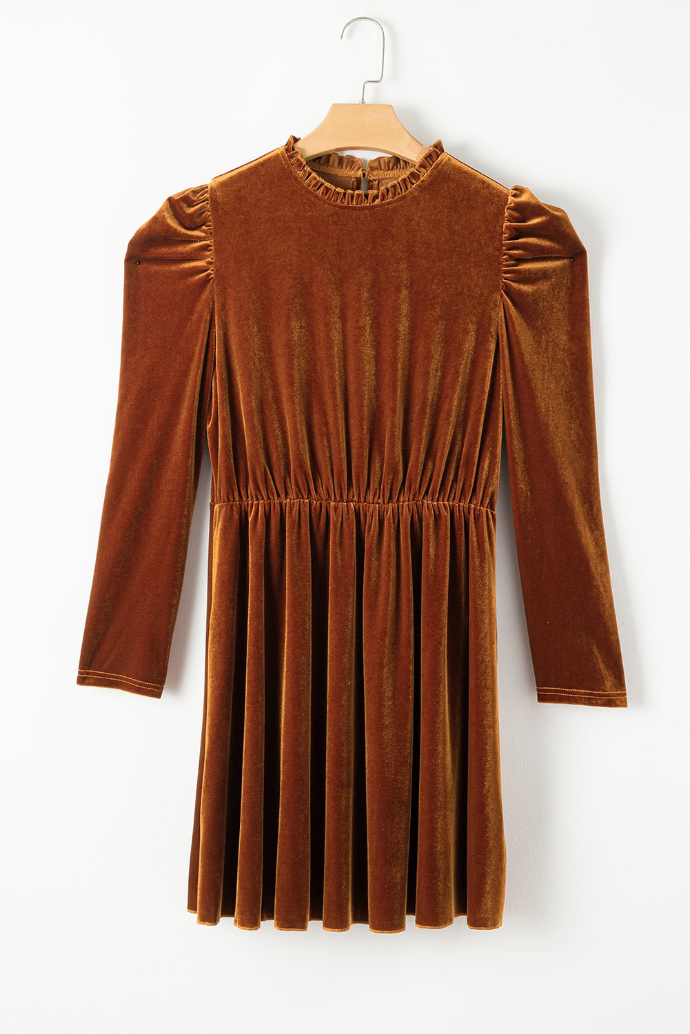 Chestnut Velvet Frilled Neck Gigot Sleeve Swing Dress - MAD RUFFI
