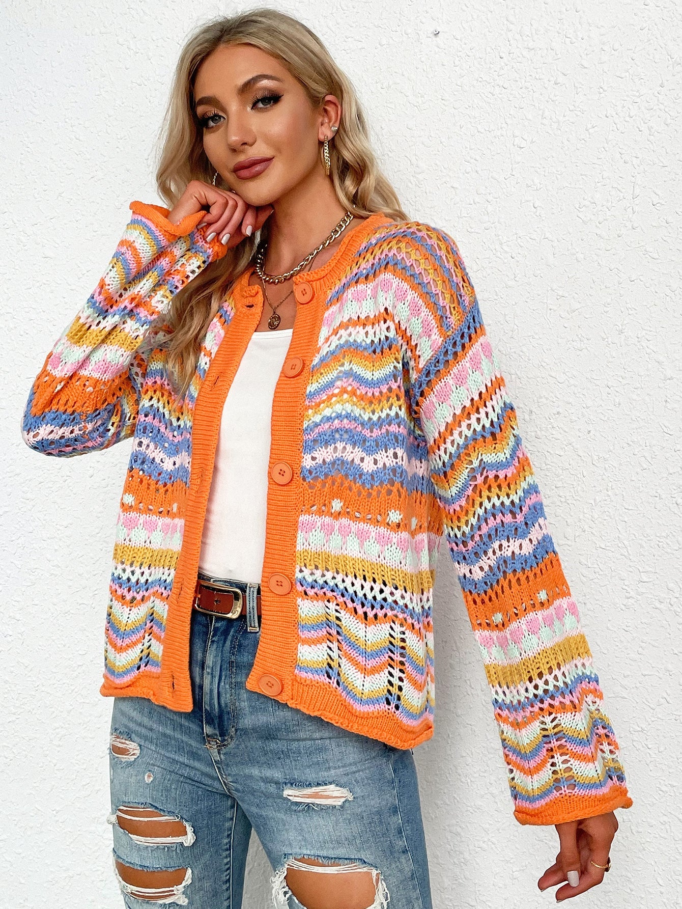Chevron Stripes Openwork Cardigan - MAD RUFFI