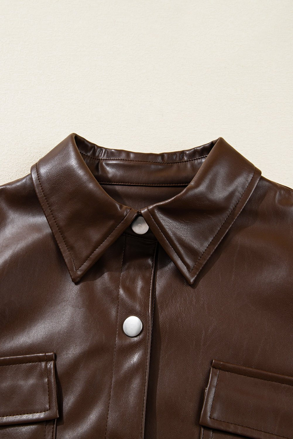 Chicory Coffee Flap Pocket Drawstring Hem Leather Jacket - MAD RUFFI