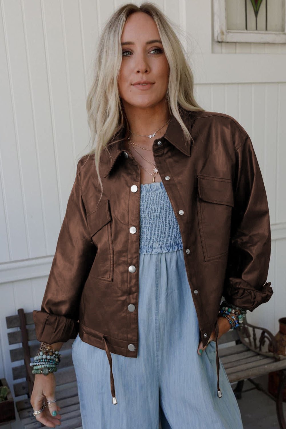 Chicory Coffee Flap Pocket Drawstring Hem Leather Jacket - MAD RUFFI