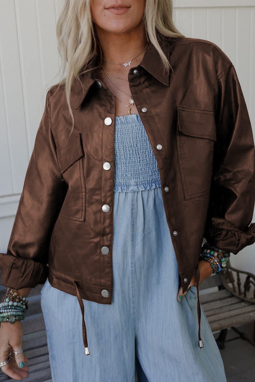 Chicory Coffee Flap Pocket Drawstring Hem Leather Jacket - MAD RUFFI