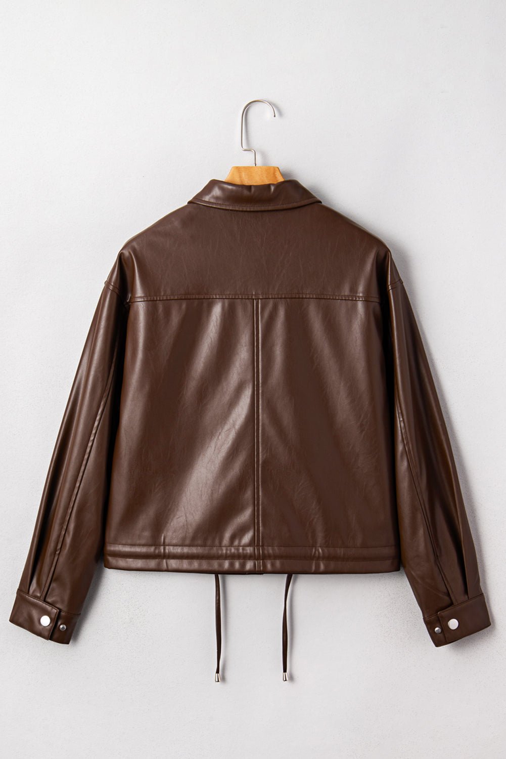 Chicory Coffee Flap Pocket Drawstring Hem Leather Jacket - MAD RUFFI