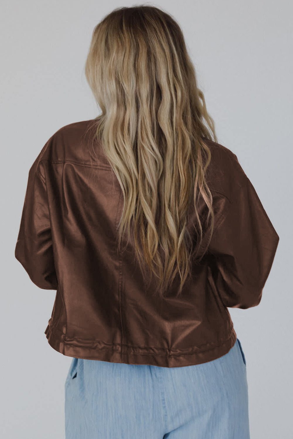 Chicory Coffee Flap Pocket Drawstring Hem Leather Jacket - MAD RUFFI