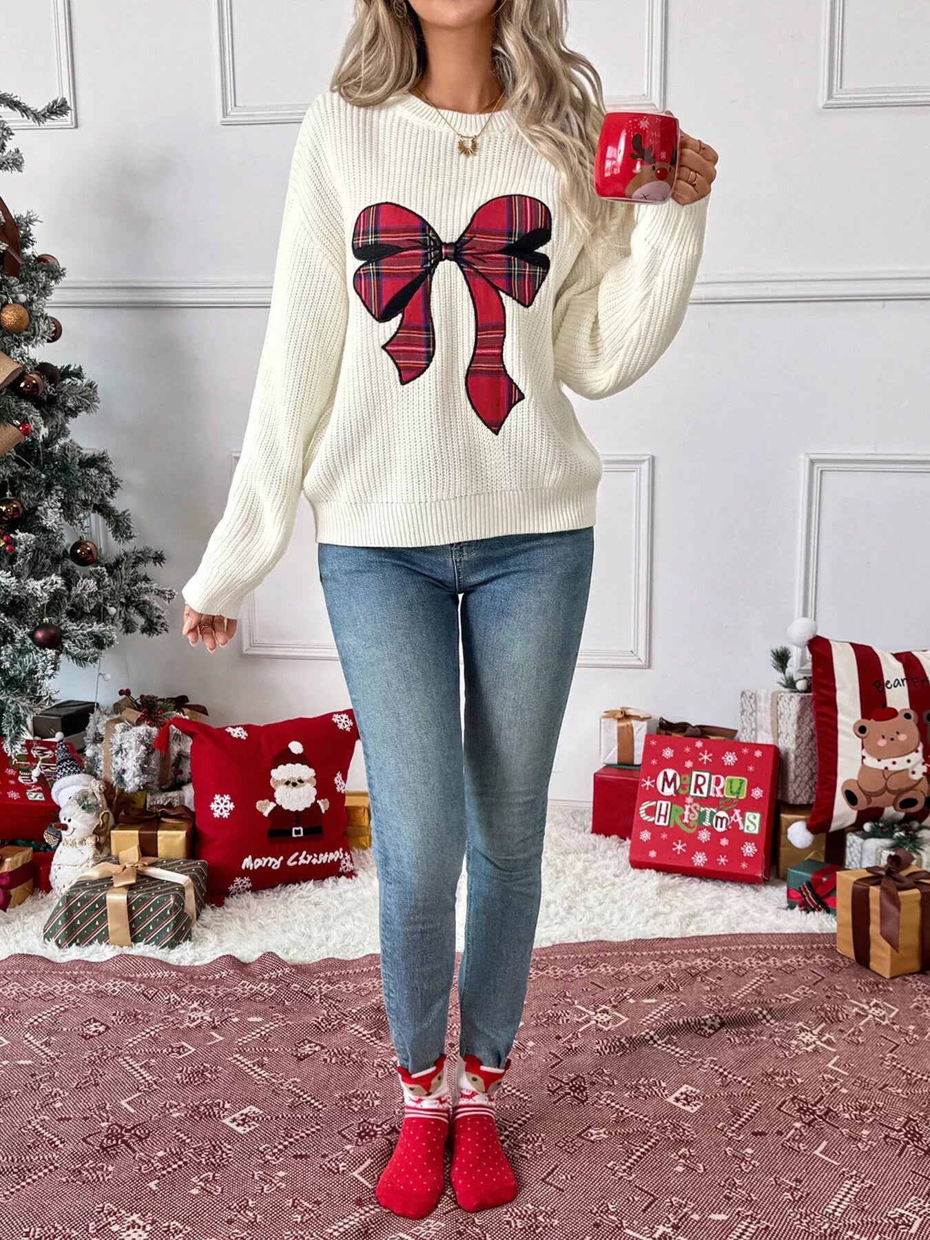 Christmas Bow Dropped Shoulder Sweater - MAD RUFFI