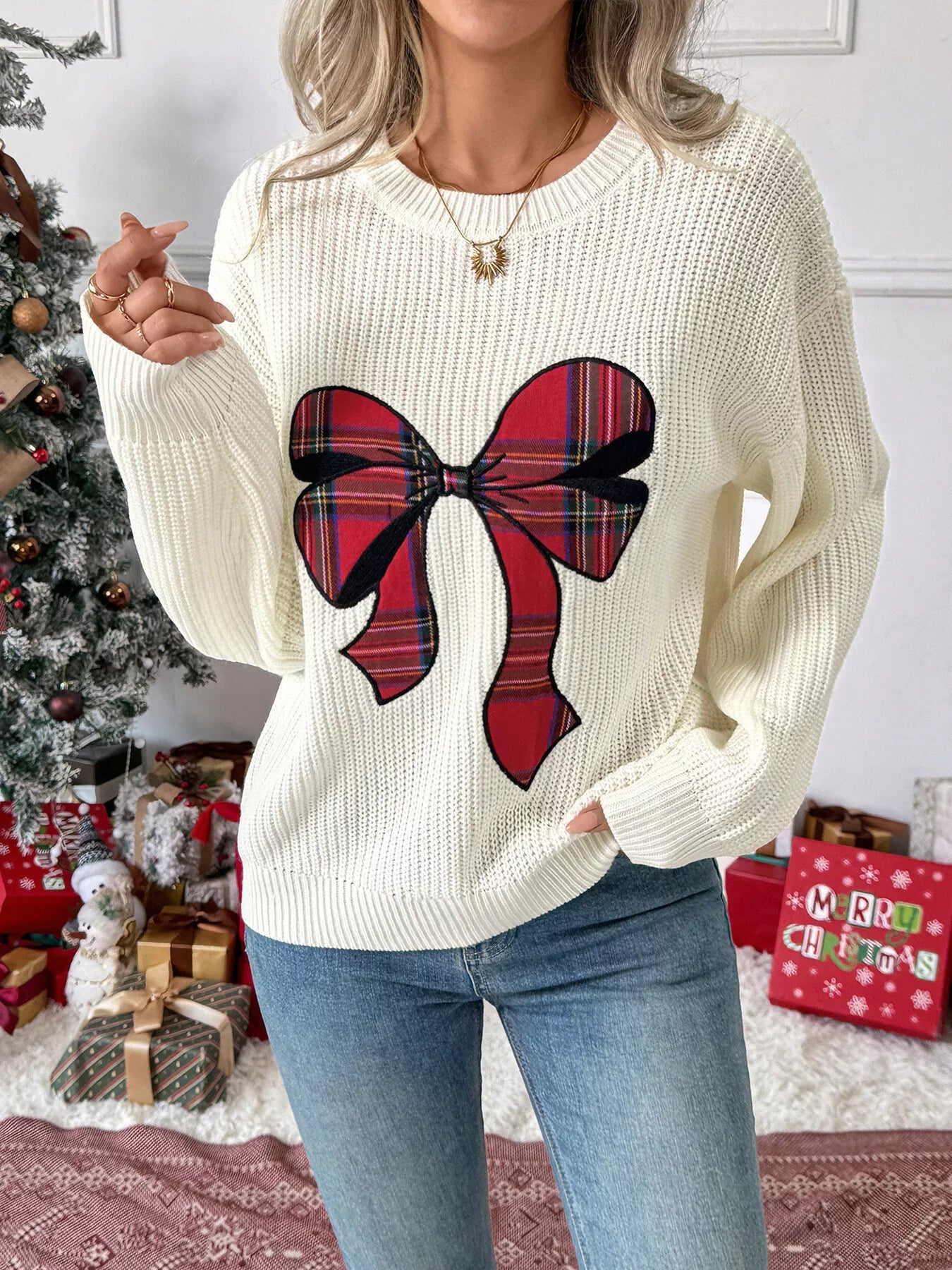 Christmas Bow Dropped Shoulder Sweater - MAD RUFFI