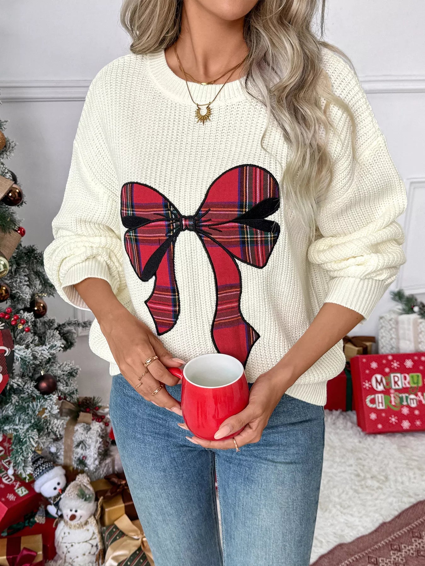 Christmas Bow Dropped Shoulder Sweater - MAD RUFFI