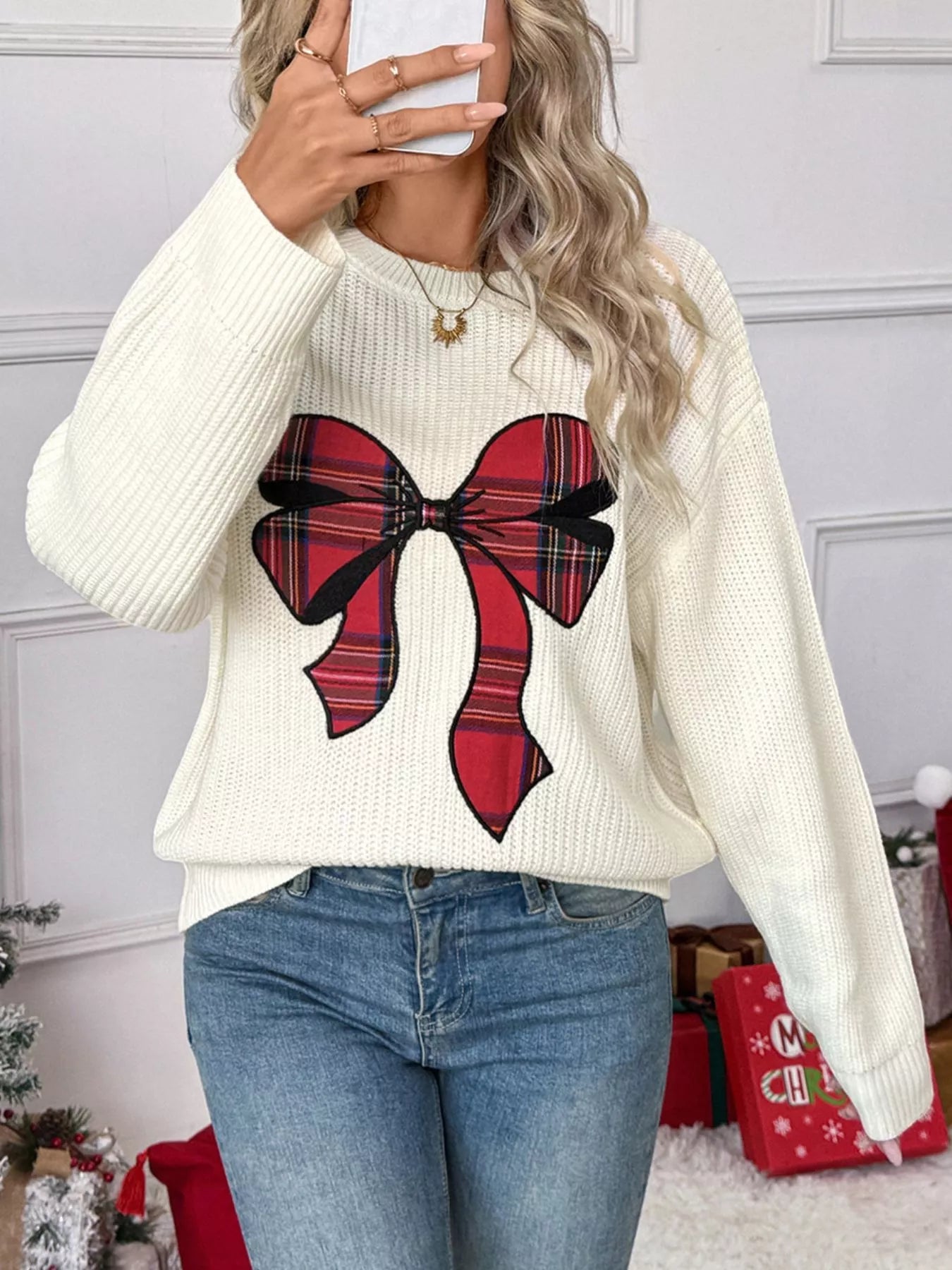 Christmas Bow Dropped Shoulder Sweater - MAD RUFFI