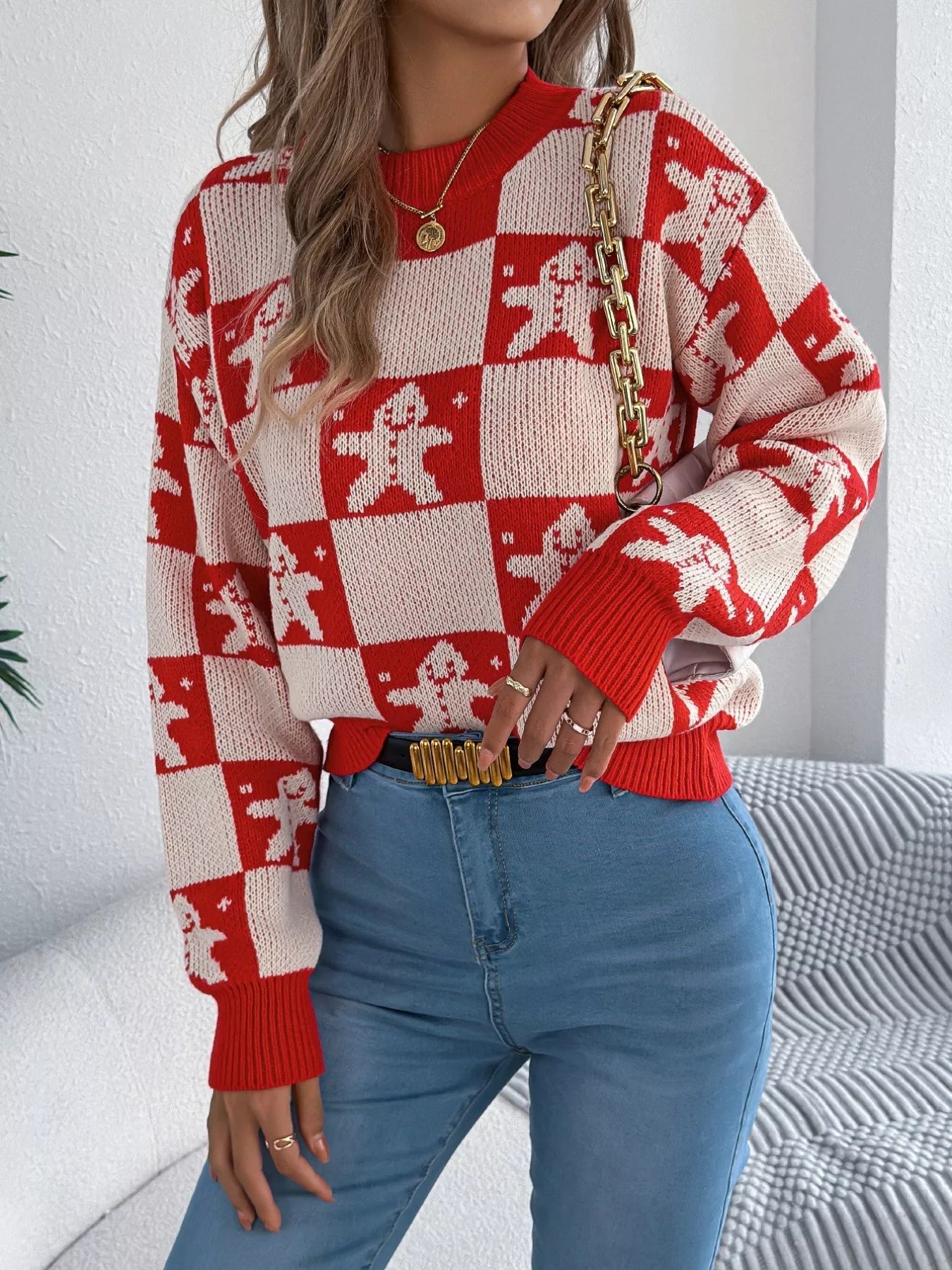 Christmas Checkerboard Gingerbread Round Neck Sweater - MAD RUFFI