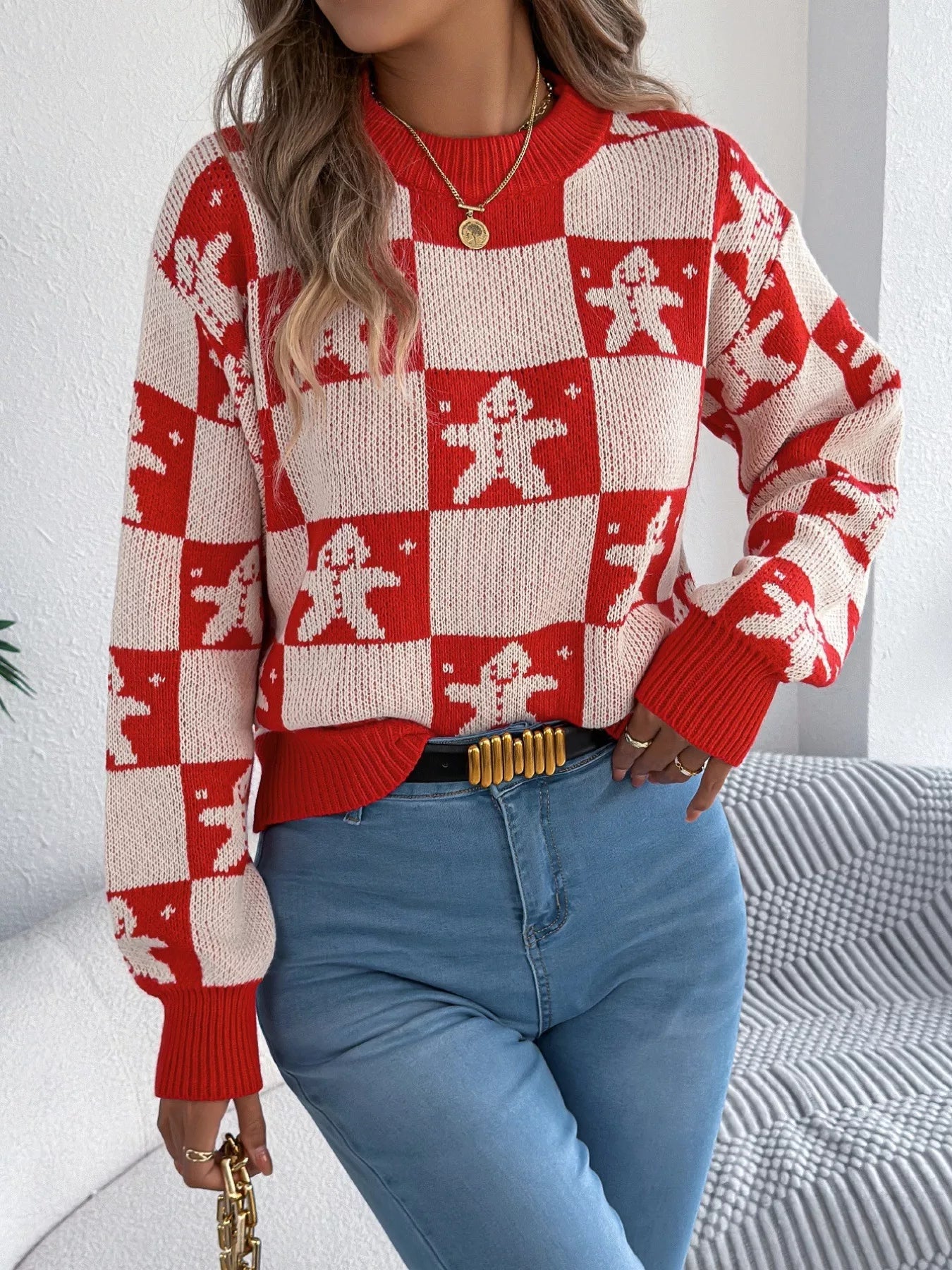 Christmas Checkerboard Gingerbread Round Neck Sweater - MAD RUFFI