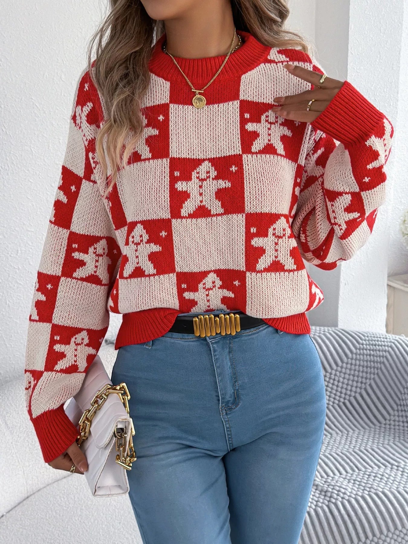 Christmas Checkerboard Gingerbread Round Neck Sweater - MAD RUFFI