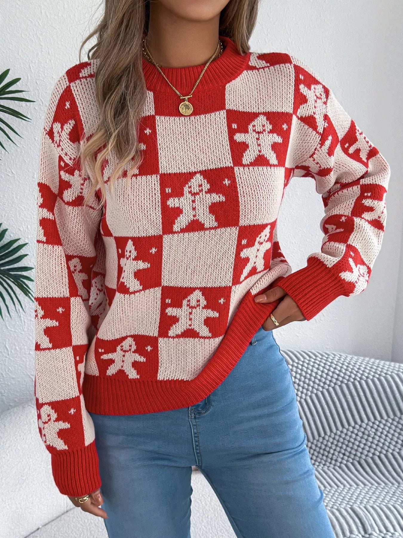 Christmas Checkerboard Gingerbread Round Neck Sweater - MAD RUFFI