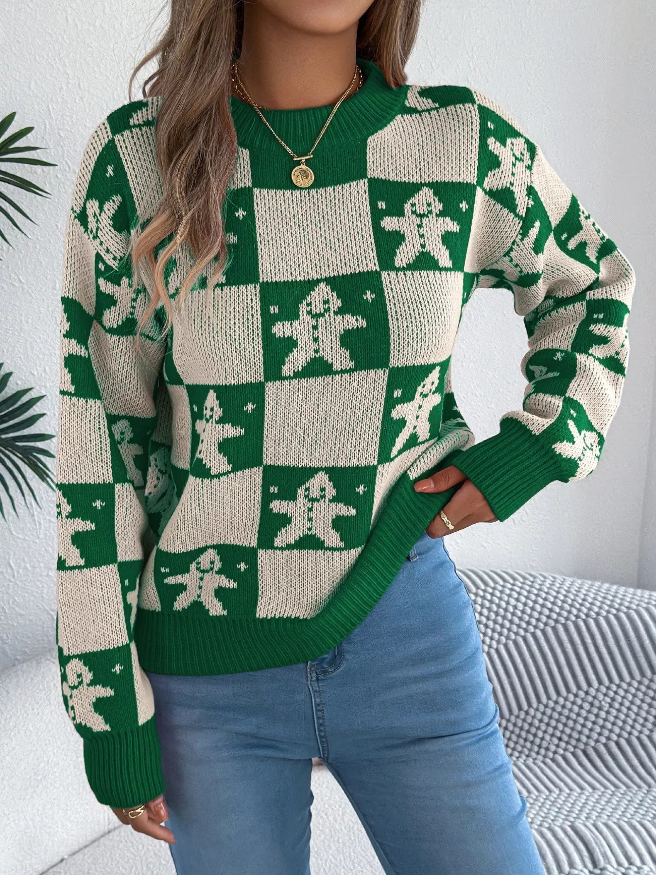 Christmas Checkerboard Gingerbread Round Neck Sweater - MAD RUFFI