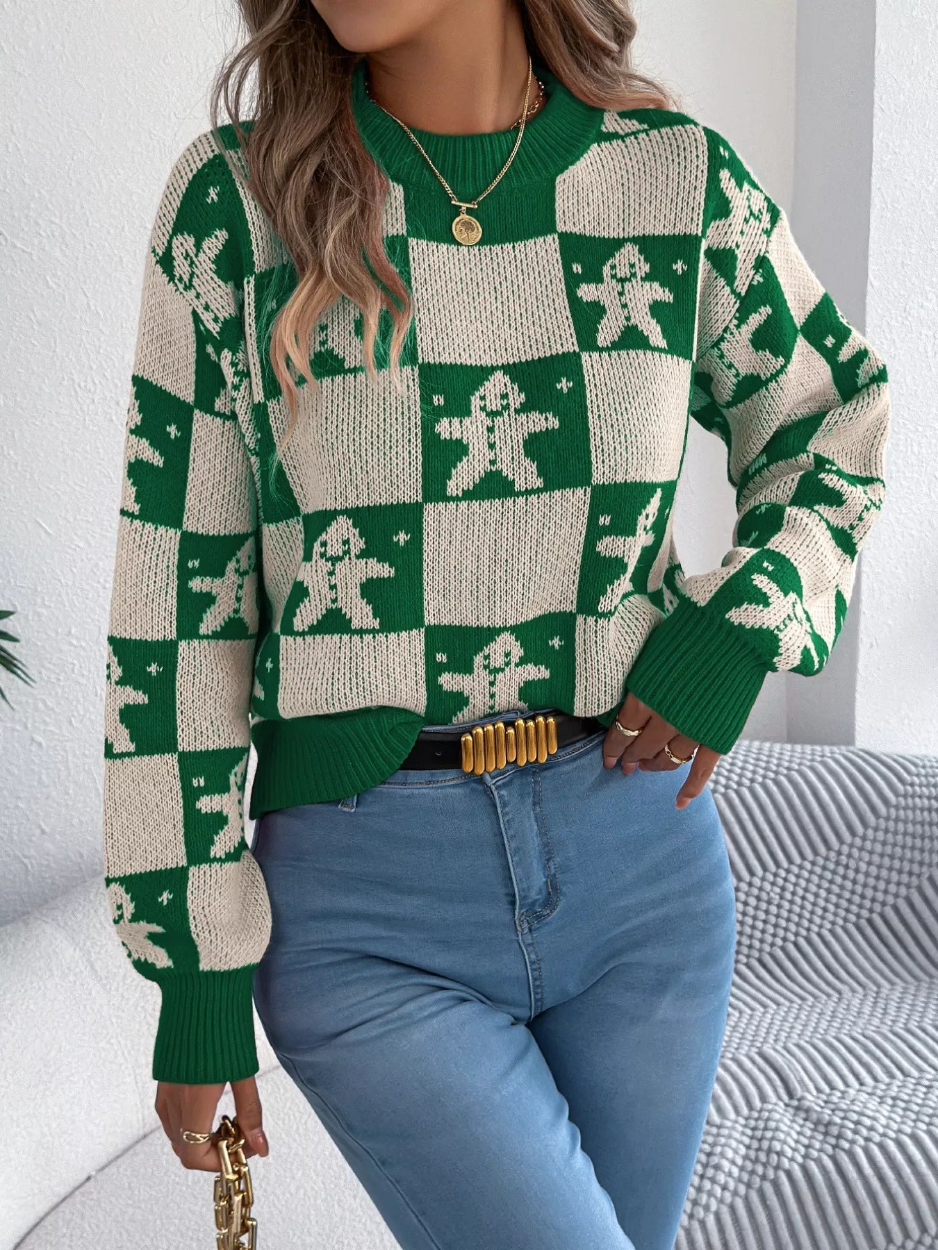 Christmas Checkerboard Gingerbread Round Neck Sweater - MAD RUFFI