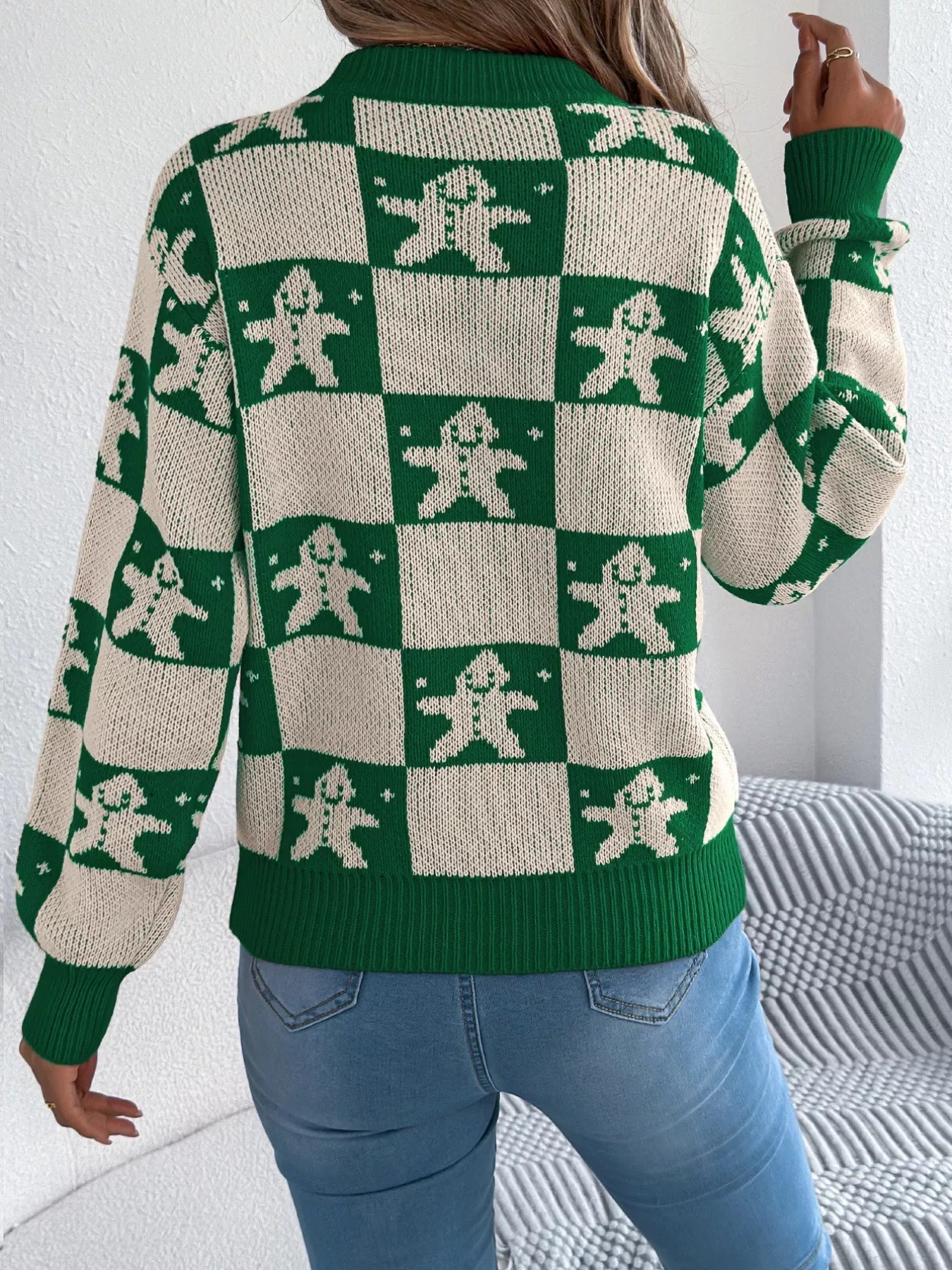 Christmas Checkerboard Gingerbread Round Neck Sweater - MAD RUFFI