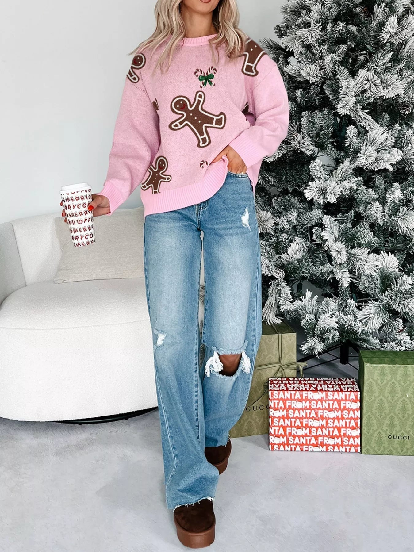 Christmas Ginger Bread Man Round Neck Casual Sweater - MAD RUFFI