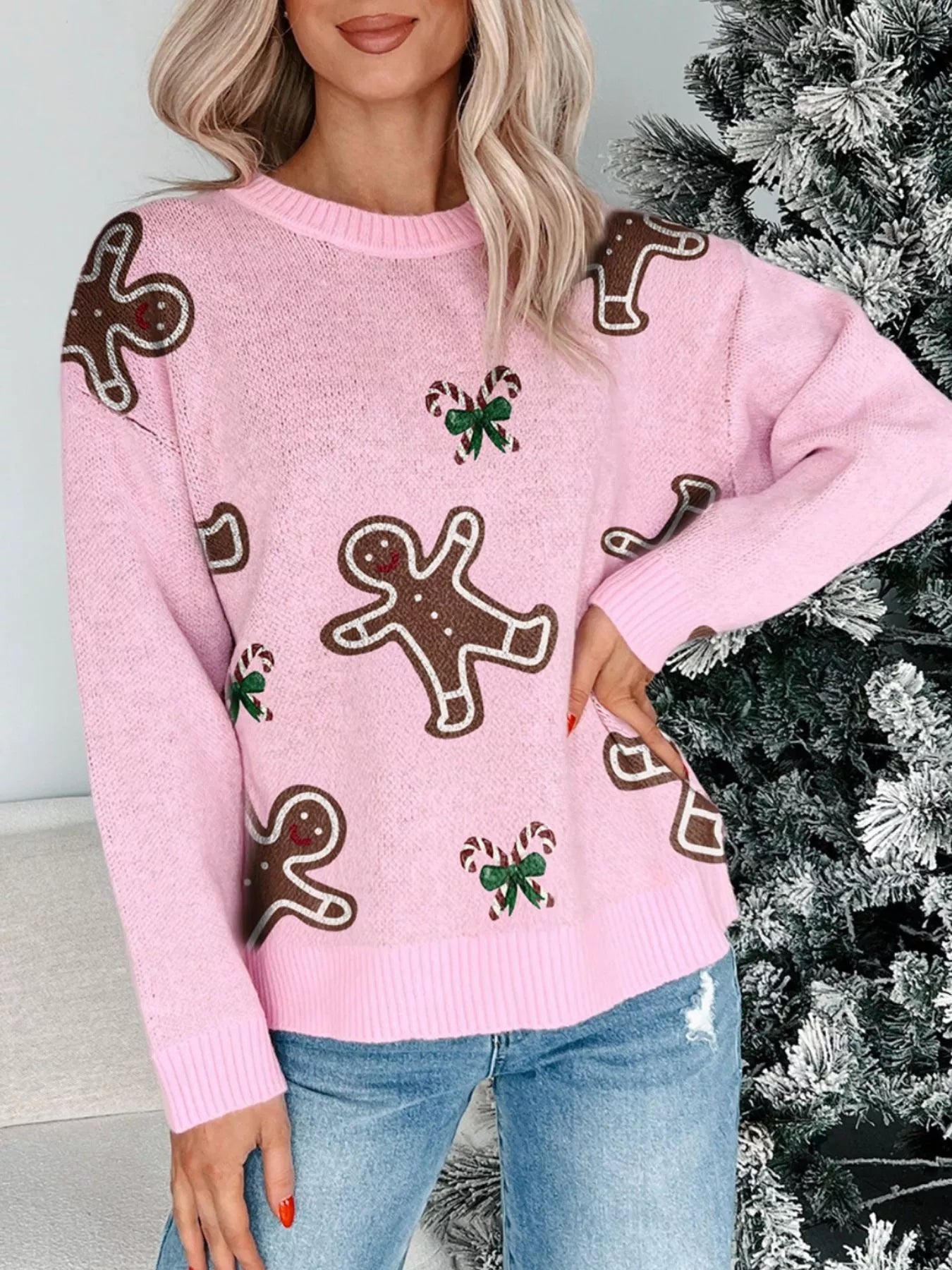 Christmas Ginger Bread Man Round Neck Casual Sweater - MAD RUFFI