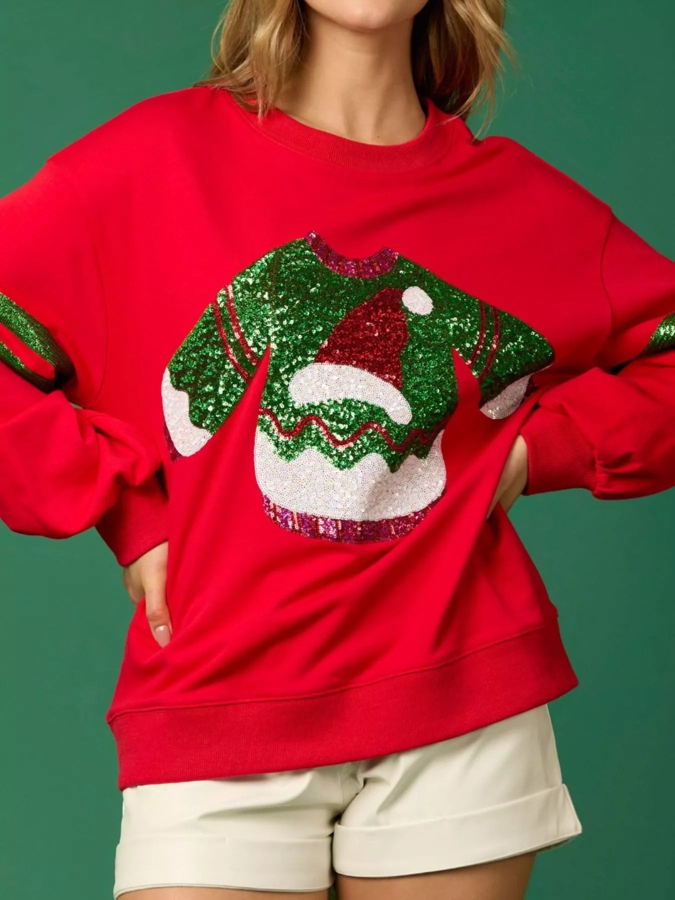 Christmas Sequin Santa Hat Holiday Sweatshirt - MAD RUFFI