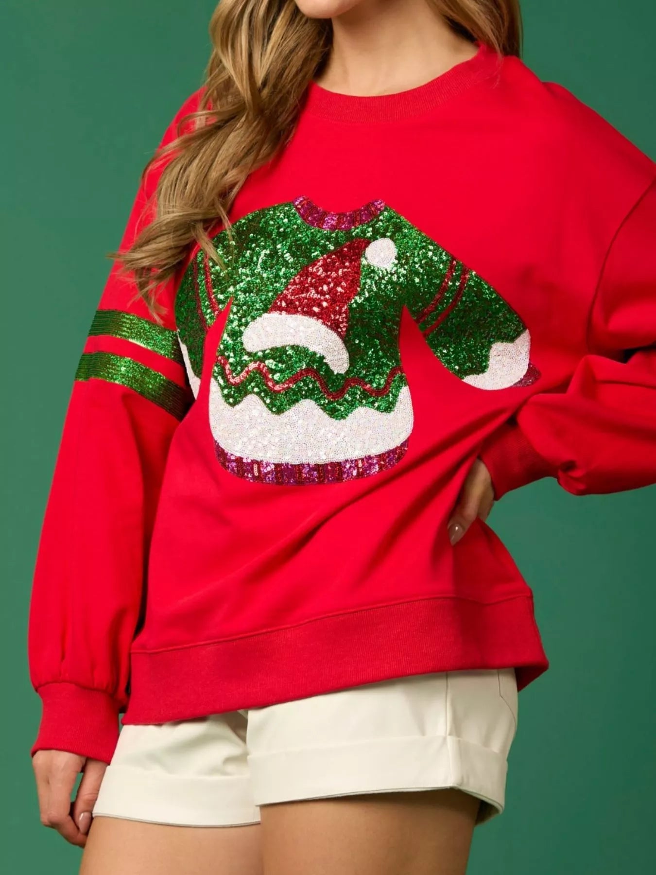 Christmas Sequin Santa Hat Holiday Sweatshirt - MAD RUFFI