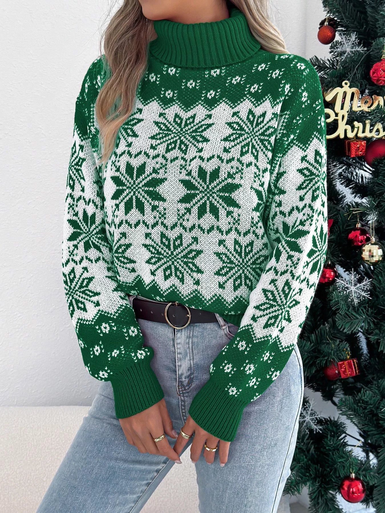 Christmas Snowflake Turtleneck Long Sleeve Sweater - MAD RUFFI