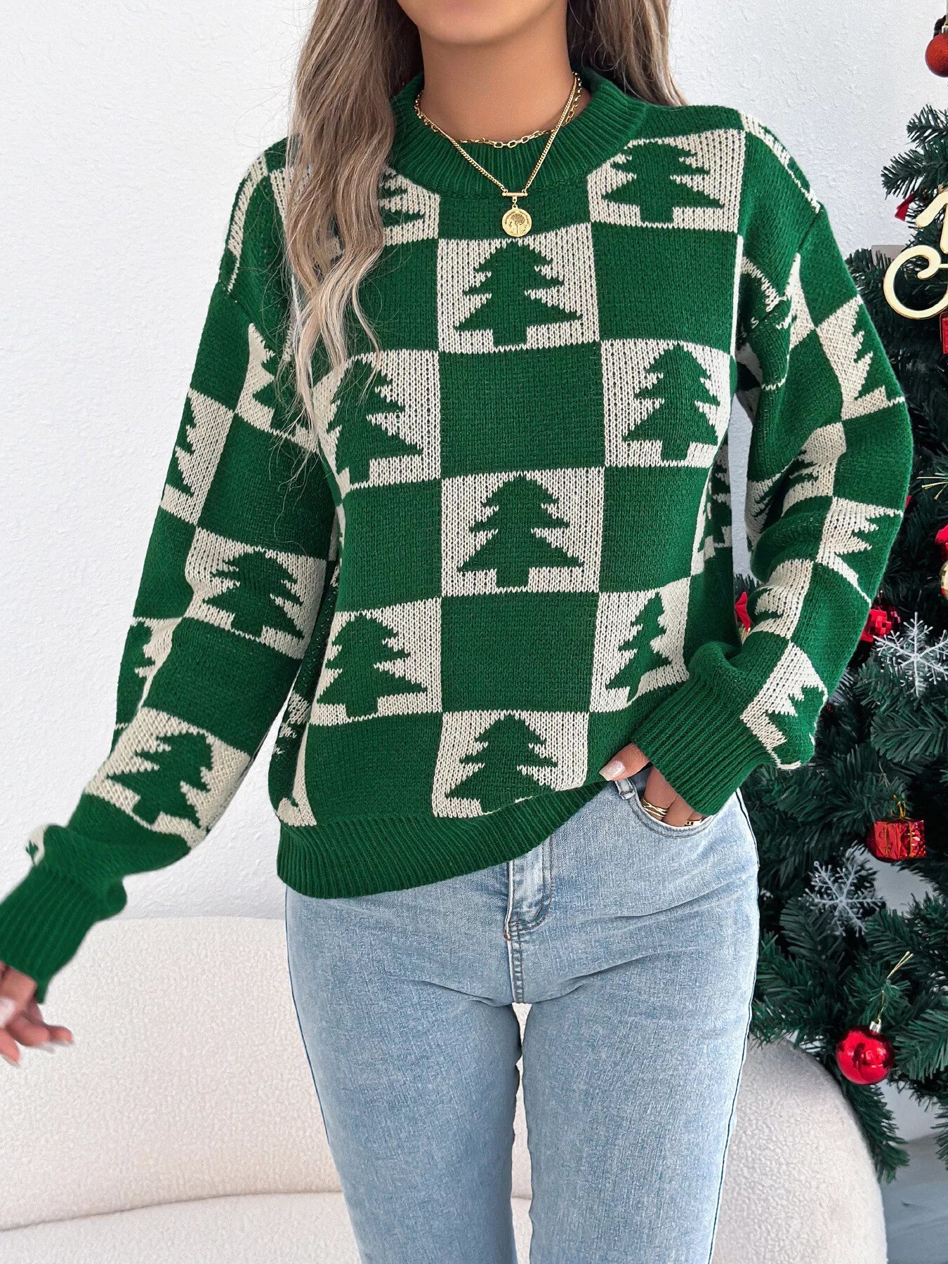 Christmas Tree Checkerboard Pattern Sweater - MAD RUFFI