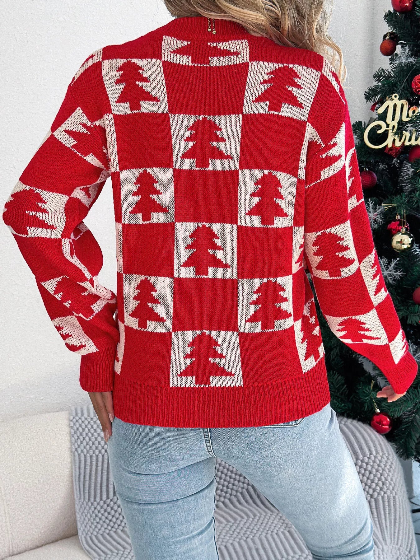 Christmas Tree Checkerboard Pattern Sweater - MAD RUFFI