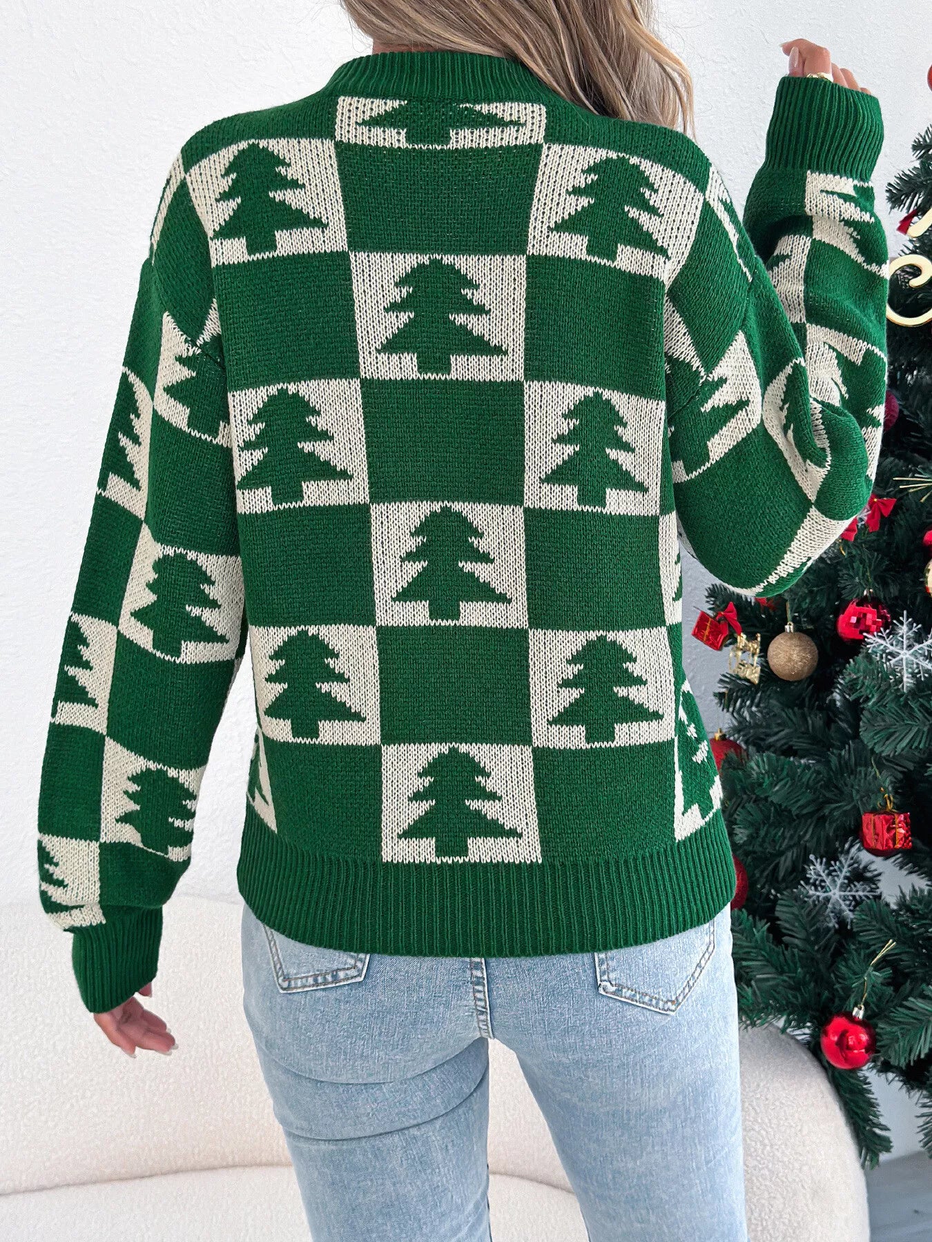 Christmas Tree Checkerboard Pattern Sweater - MAD RUFFI