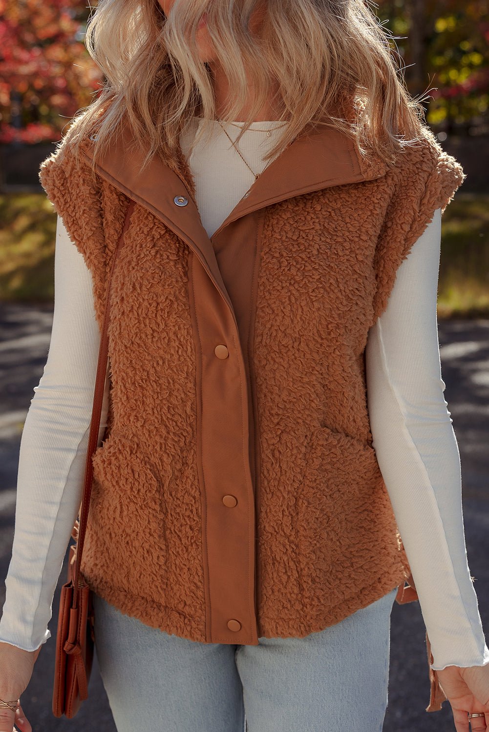 Cinnamon Faux Fur Snap Button Front Knot Side Plush Vest - MAD RUFFI