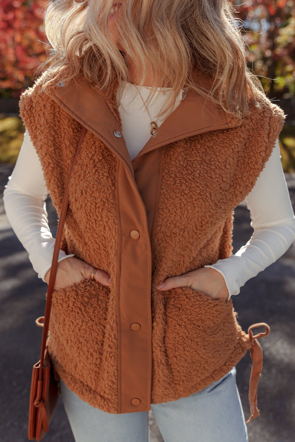 Cinnamon Faux Fur Snap Button Front Knot Side Plush Vest - MAD RUFFI
