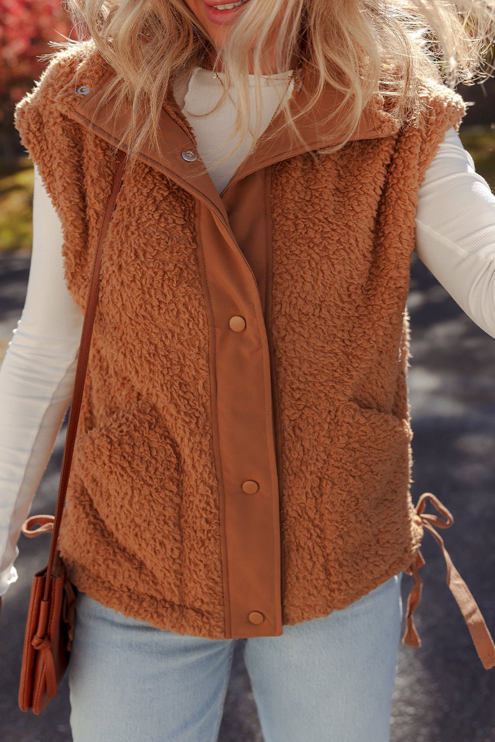 Cinnamon Faux Fur Snap Button Front Knot Side Plush Vest - MAD RUFFI