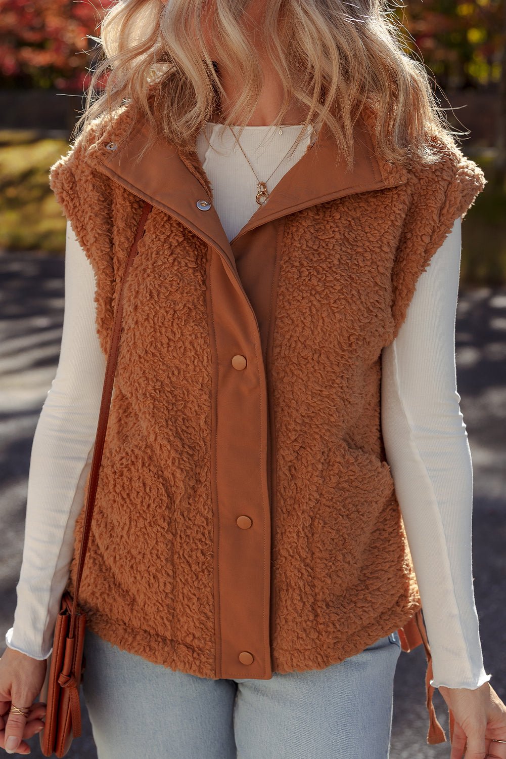 Cinnamon Faux Fur Snap Button Front Knot Side Plush Vest - MAD RUFFI