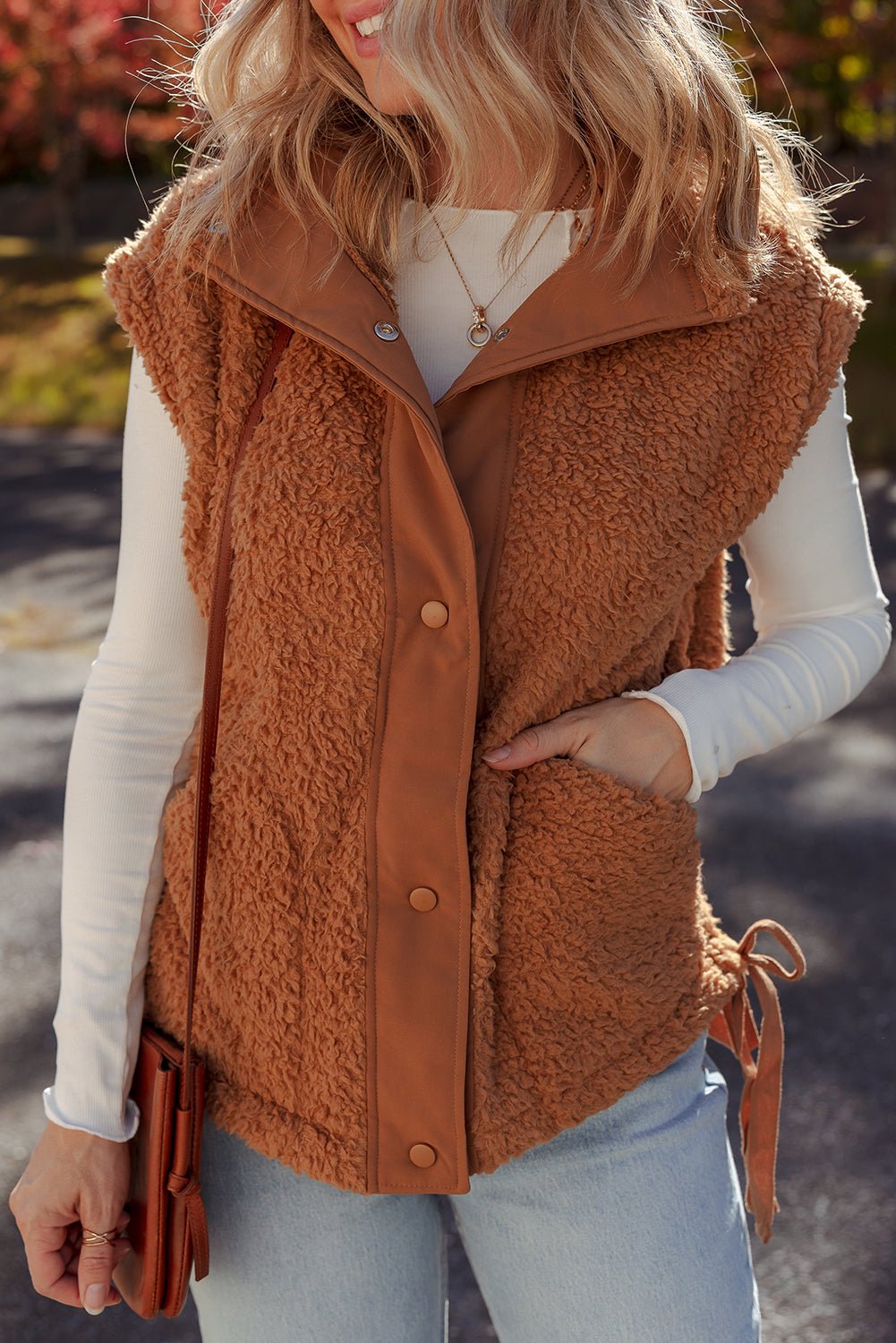 Cinnamon Faux Fur Snap Button Front Knot Side Plush Vest - MAD RUFFI