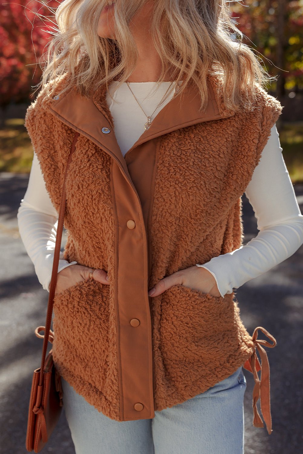 Cinnamon Faux Fur Snap Button Front Knot Side Plush Vest - MAD RUFFI