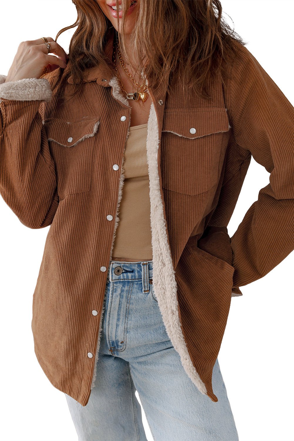 Cinnamon Fleece Lined Buttoned Flap Pockets Corduroy Jacket - MAD RUFFI