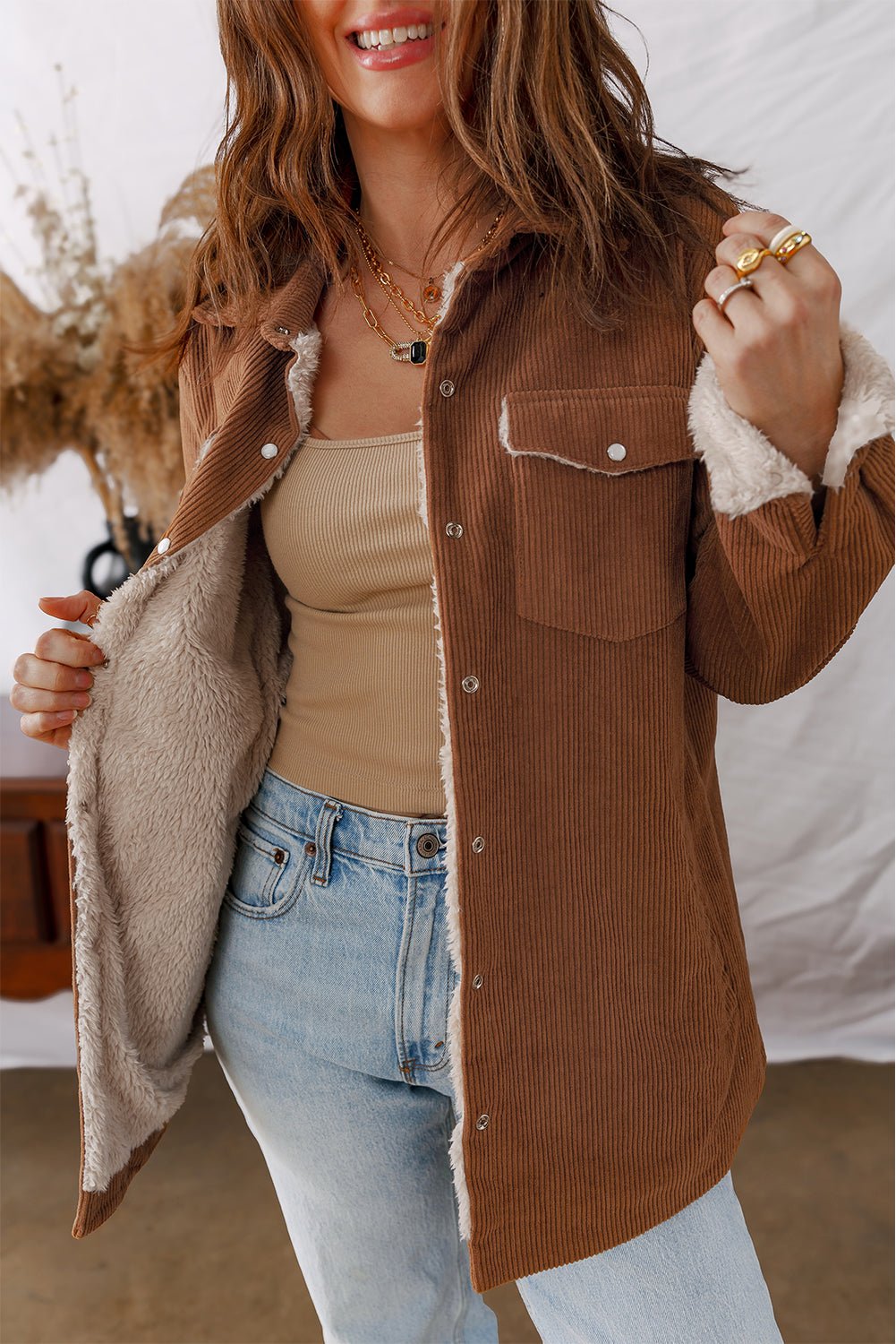 Cinnamon Fleece Lined Buttoned Flap Pockets Corduroy Jacket - MAD RUFFI