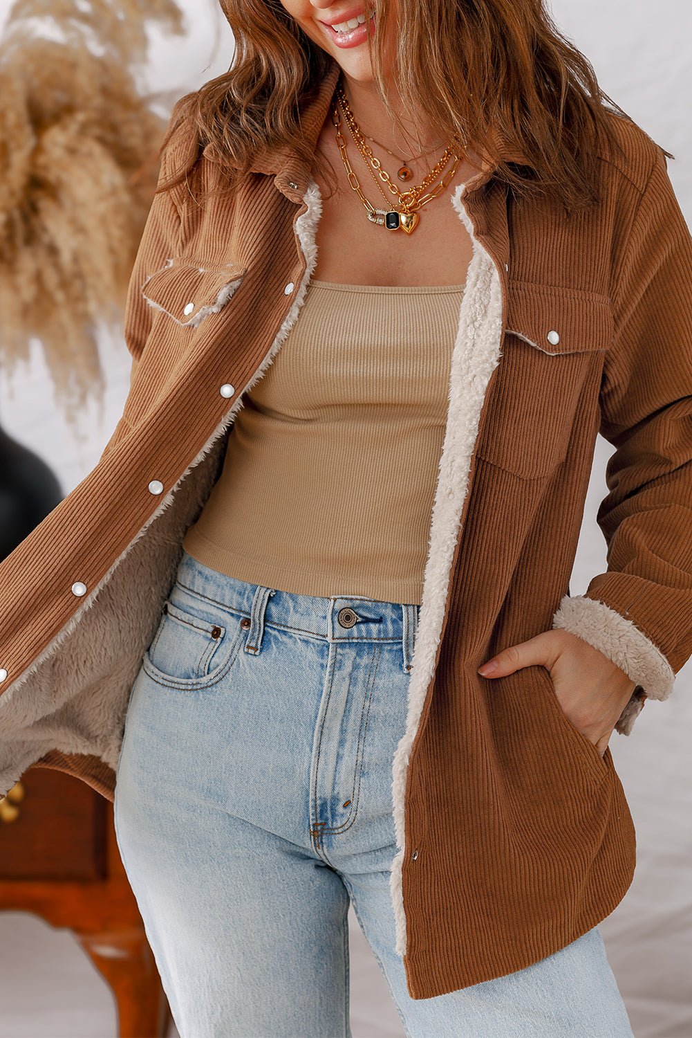 Cinnamon Fleece Lined Buttoned Flap Pockets Corduroy Jacket - MAD RUFFI