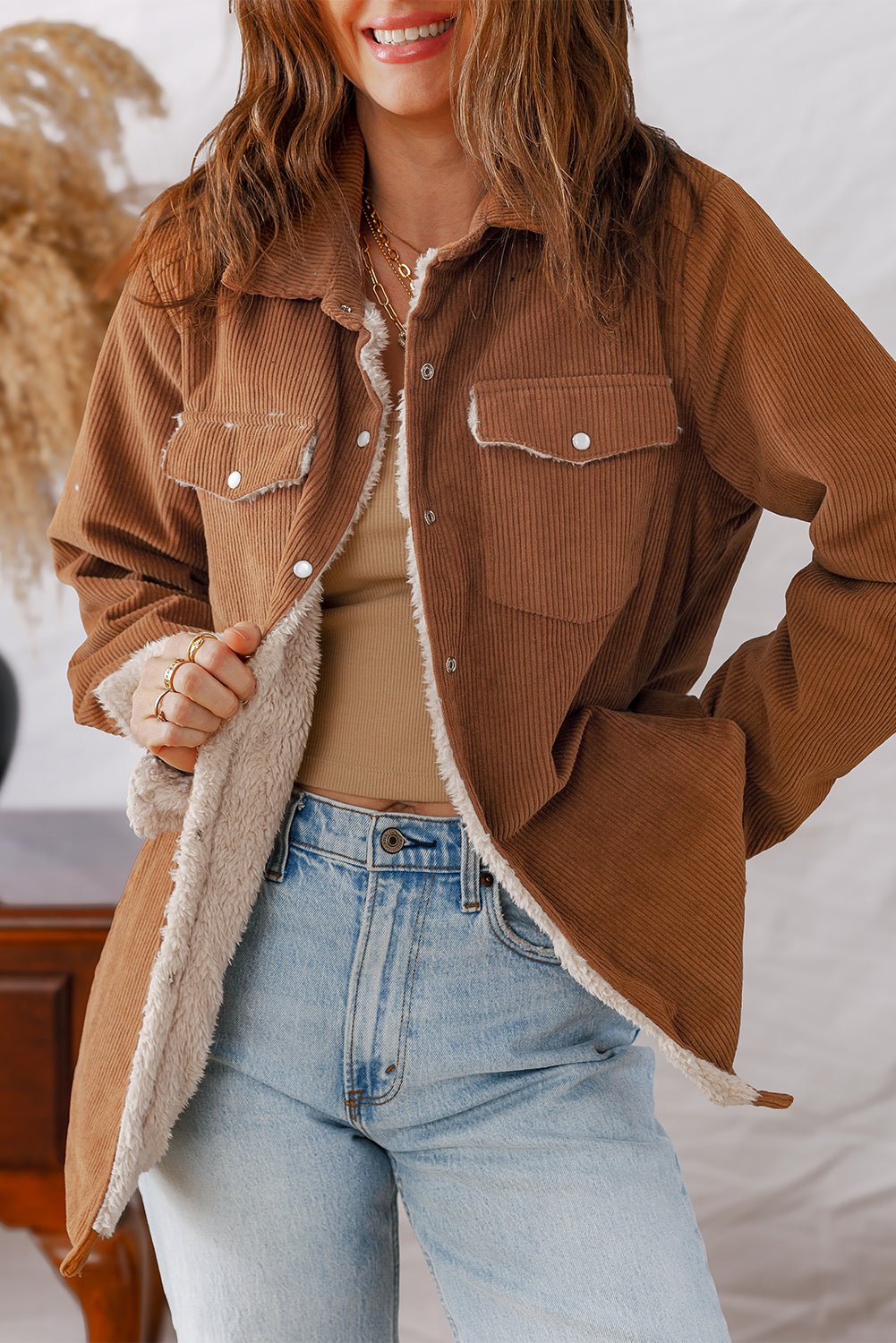 Cinnamon Fleece Lined Buttoned Flap Pockets Corduroy Jacket - MAD RUFFI