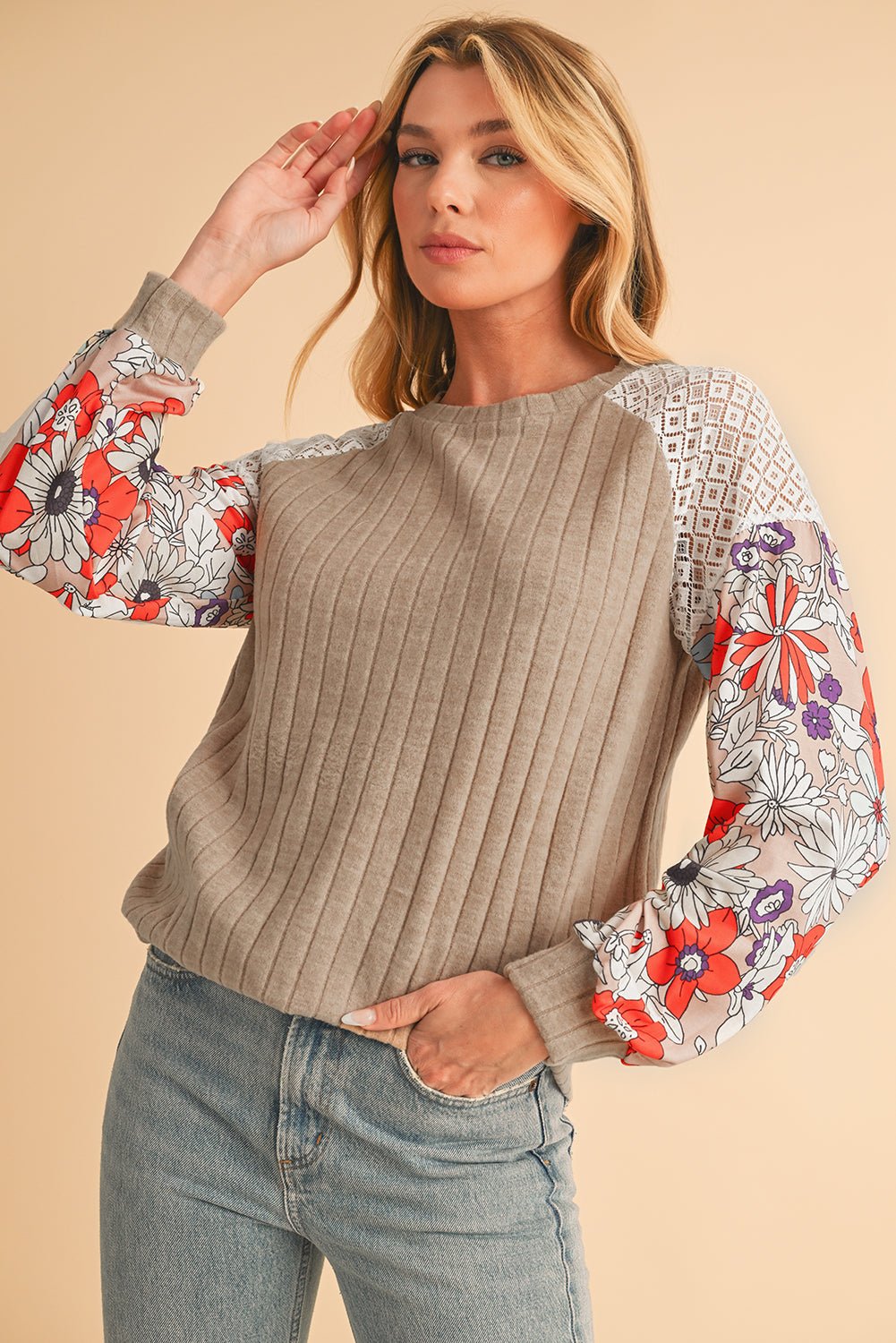 Cinnamon Floral Patchwork Raglan Sleeve Ribbed Top - MAD RUFFI