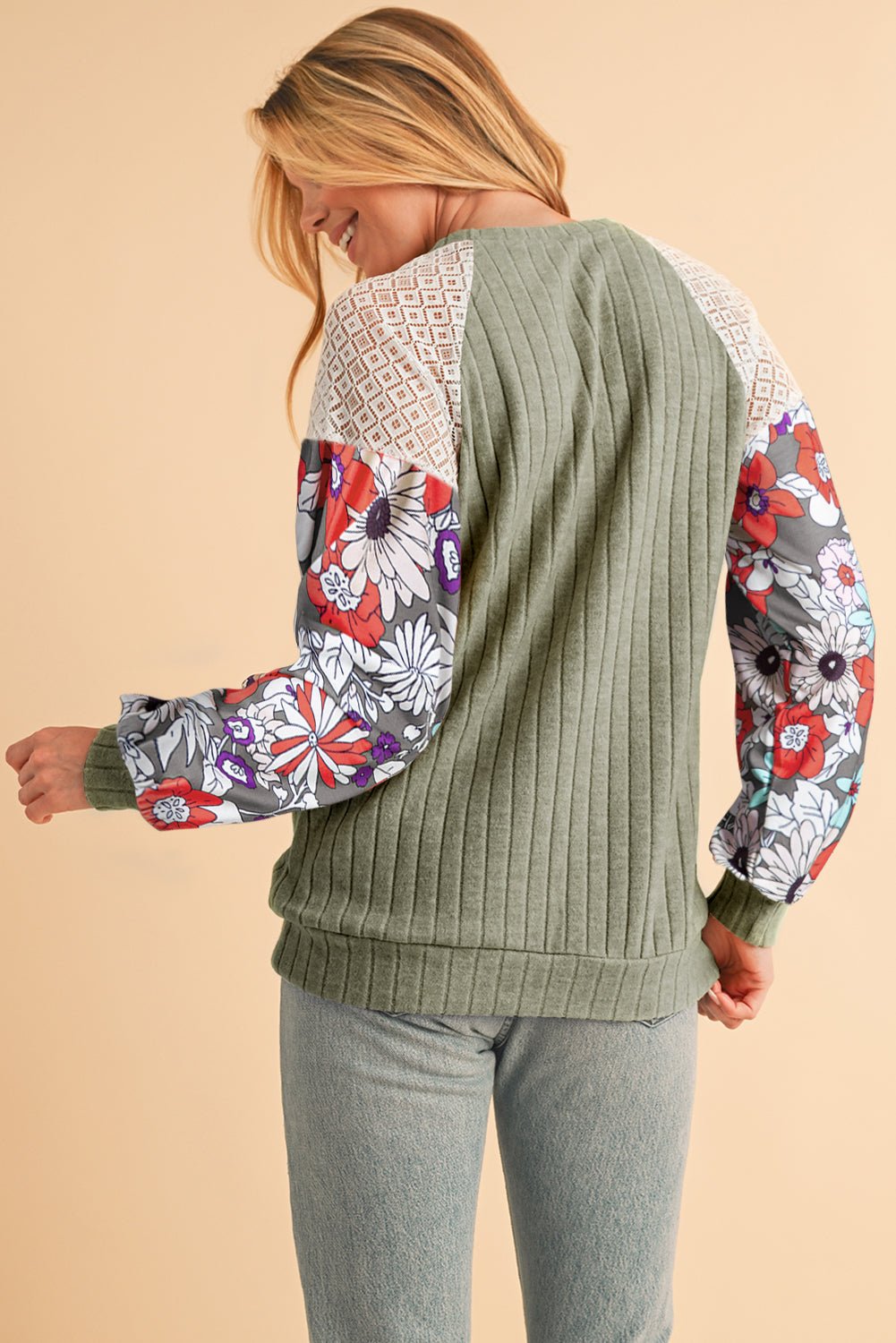 Cinnamon Floral Patchwork Raglan Sleeve Ribbed Top - MAD RUFFI
