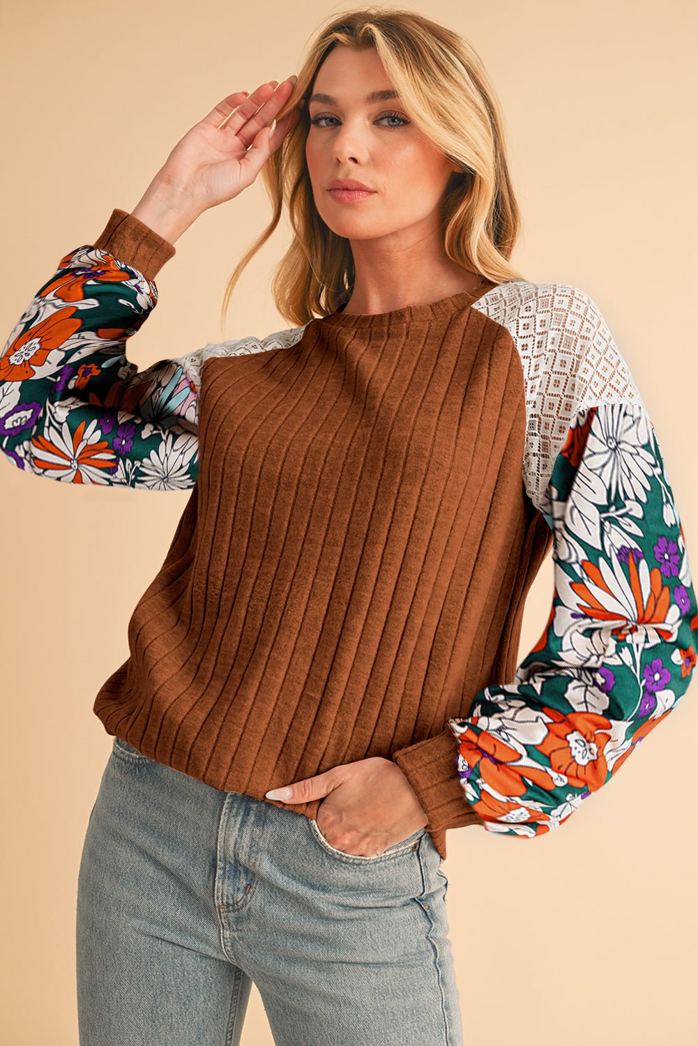 Cinnamon Floral Patchwork Raglan Sleeve Ribbed Top - MAD RUFFI