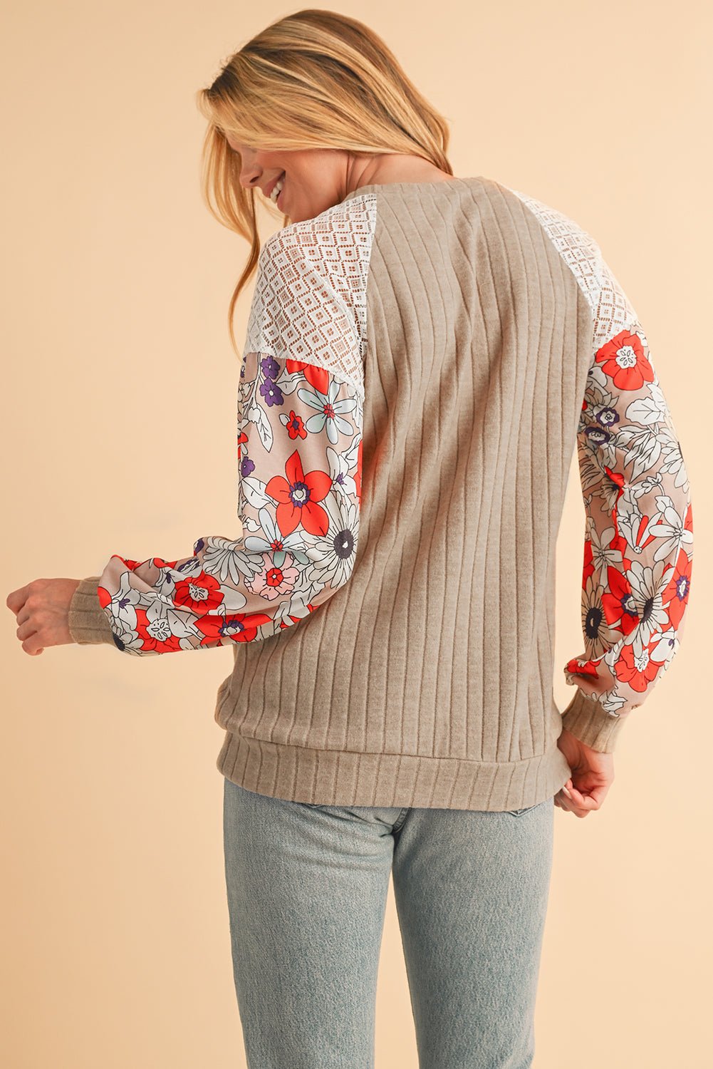 Cinnamon Floral Patchwork Raglan Sleeve Ribbed Top - MAD RUFFI