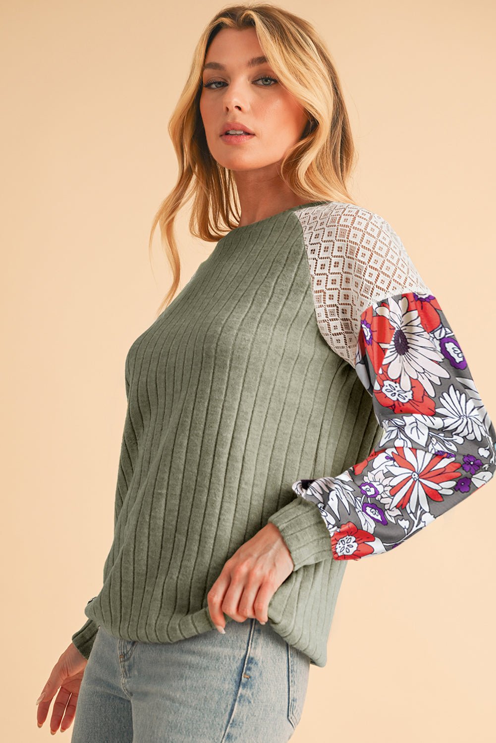 Cinnamon Floral Patchwork Raglan Sleeve Ribbed Top - MAD RUFFI