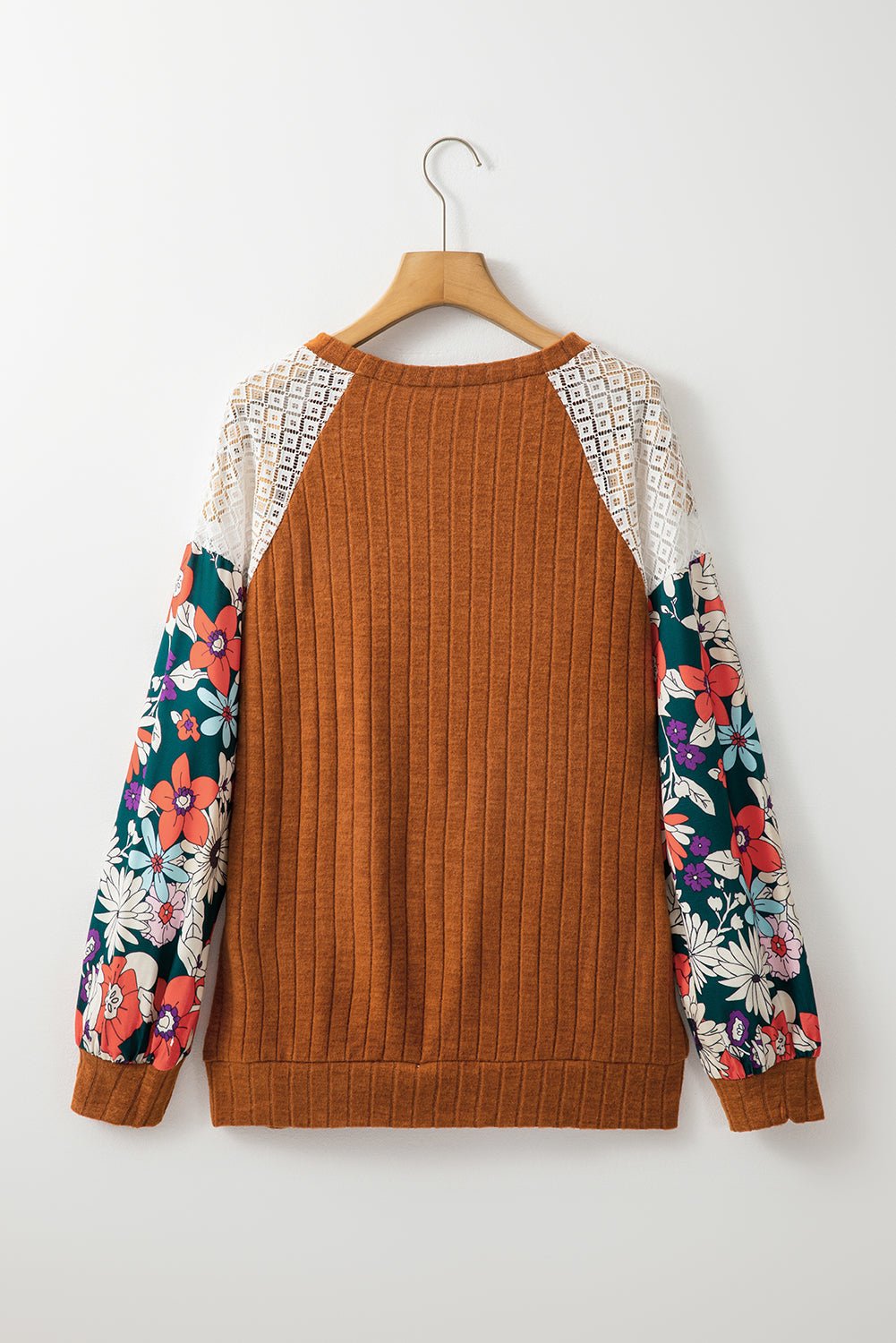 Cinnamon Floral Patchwork Raglan Sleeve Ribbed Top - MAD RUFFI
