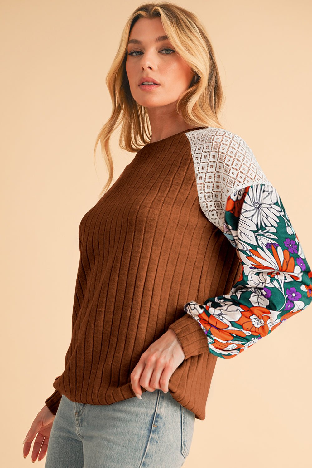 Cinnamon Floral Patchwork Raglan Sleeve Ribbed Top - MAD RUFFI