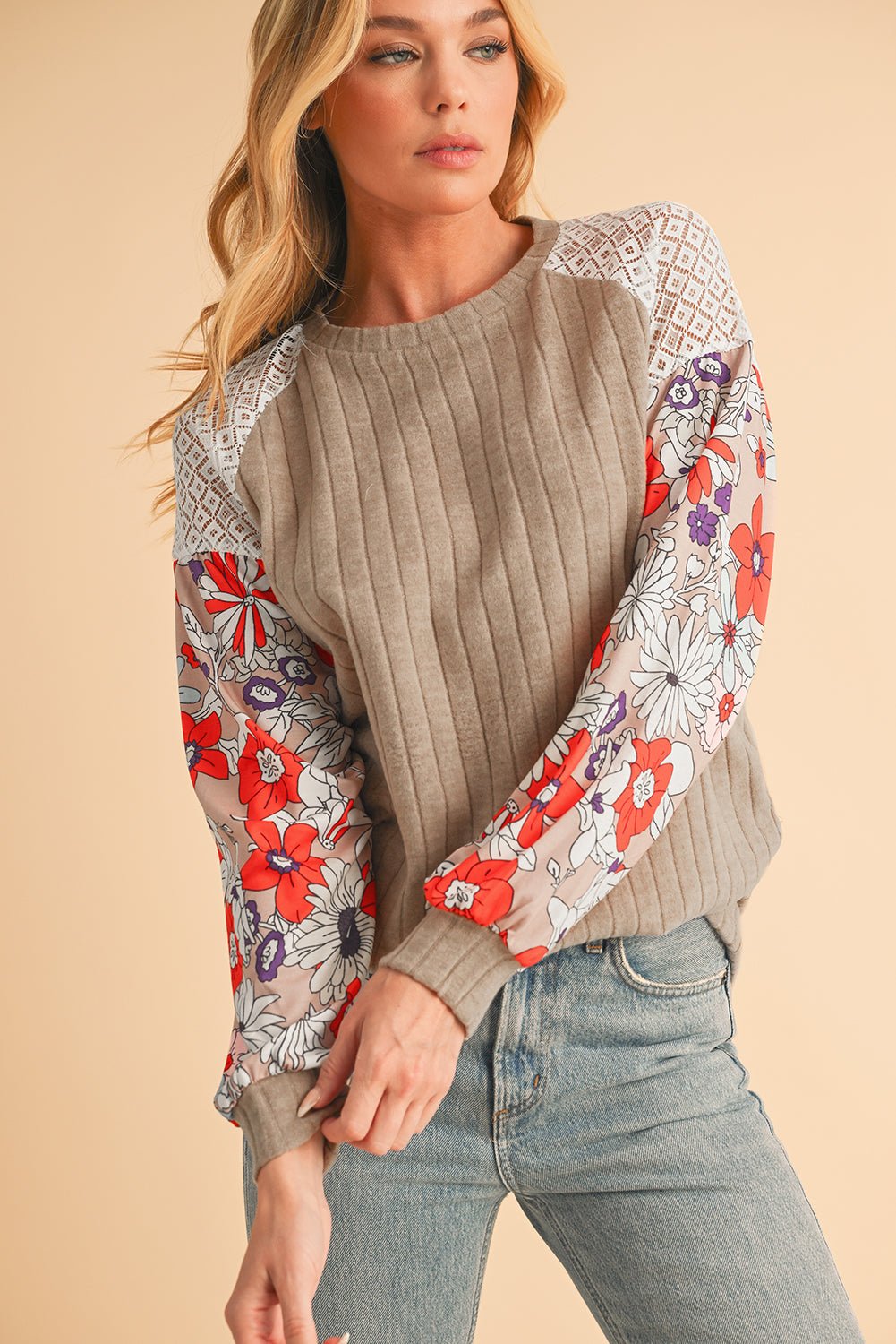 Cinnamon Floral Patchwork Raglan Sleeve Ribbed Top - MAD RUFFI