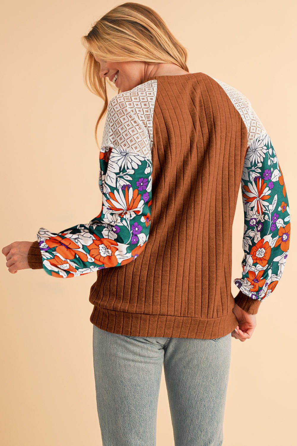 Cinnamon Floral Patchwork Raglan Sleeve Ribbed Top - MAD RUFFI