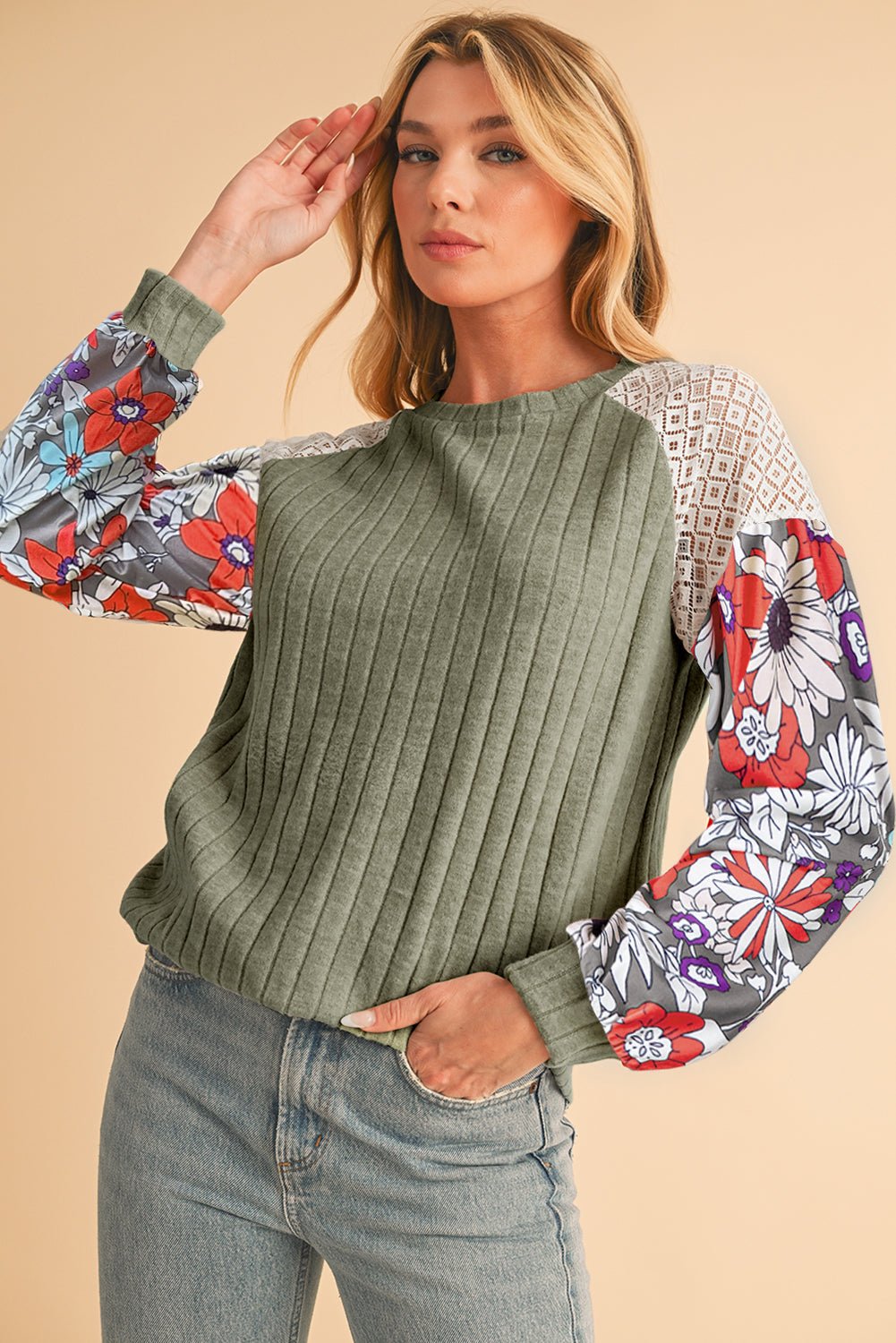 Cinnamon Floral Patchwork Raglan Sleeve Ribbed Top - MAD RUFFI