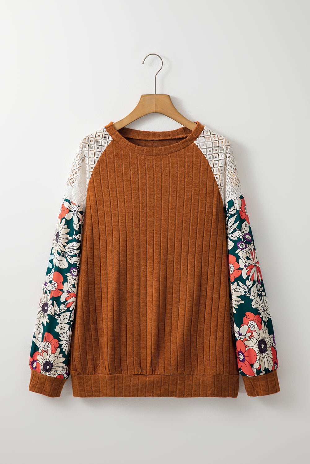 Cinnamon Floral Patchwork Raglan Sleeve Ribbed Top - MAD RUFFI
