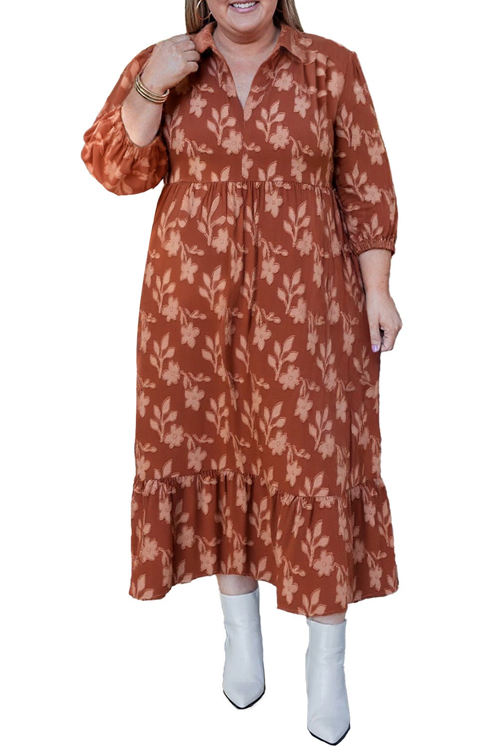 Cinnamon Plus Size Textured 3D Flower Pattern Ruffle Hem Dress - MAD RUFFI