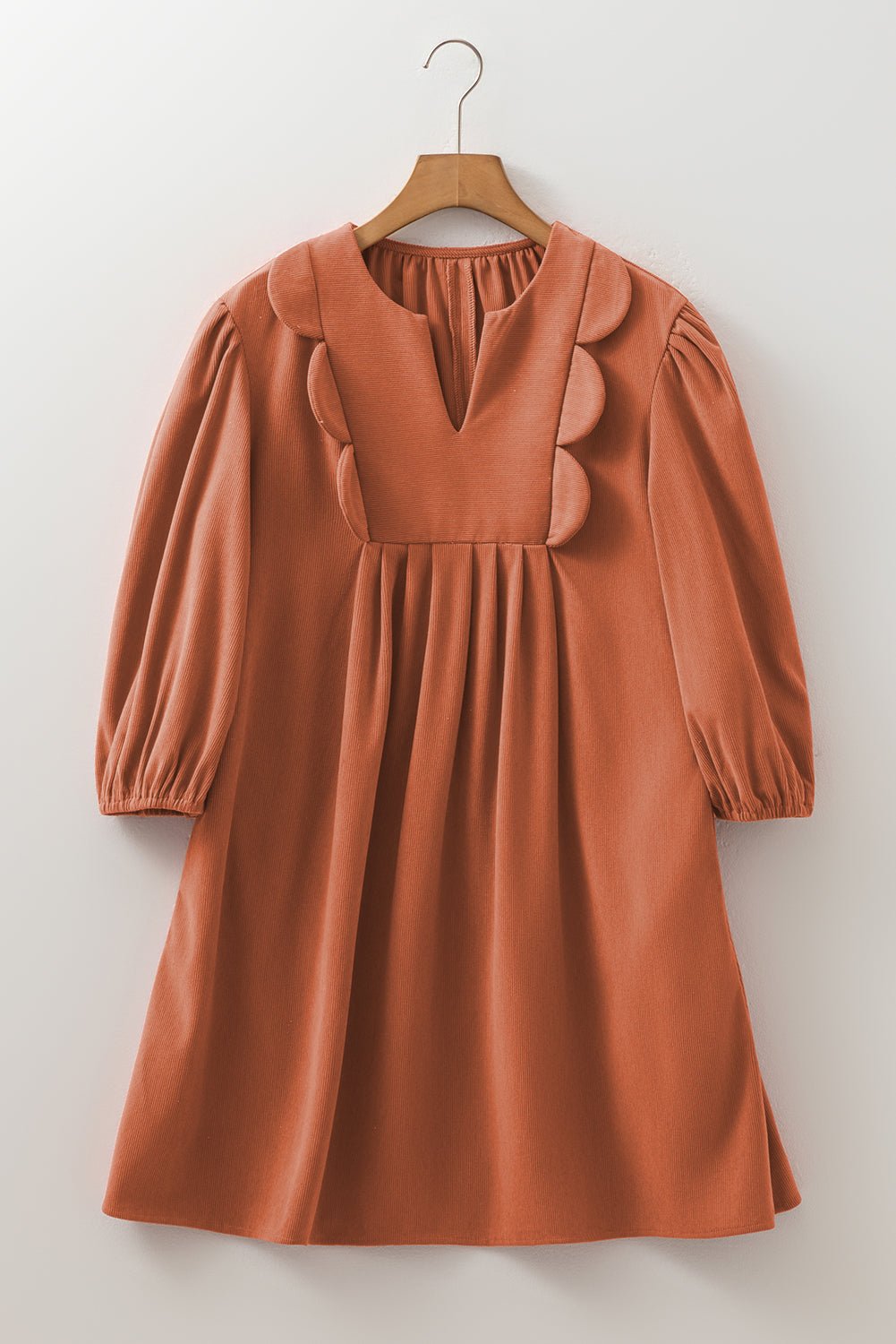 Cinnamon Split Neck Scallop Detail Pleated Corduroy Mini Dress - MAD RUFFI